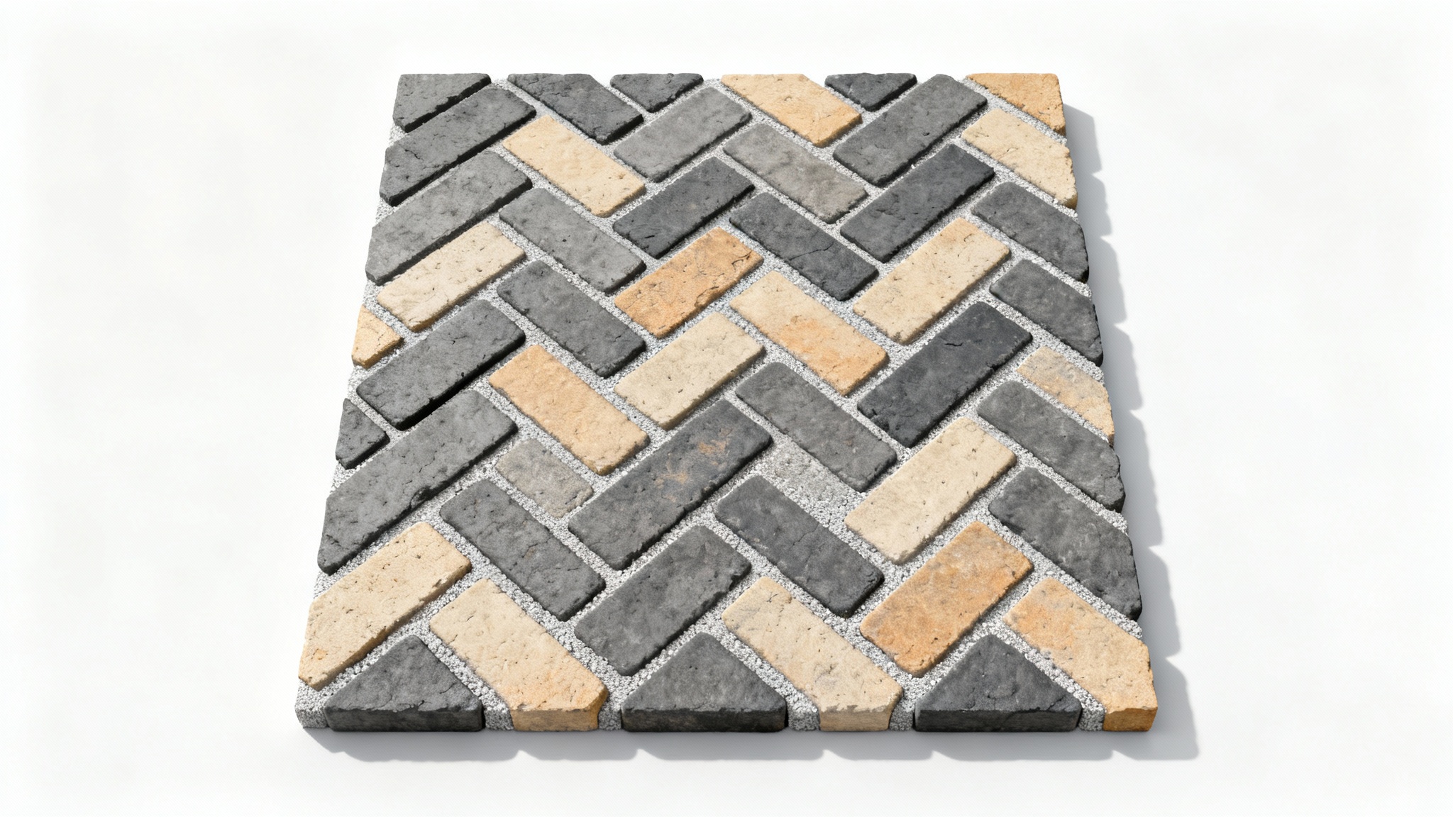 A top-down view of a sample herringbone paver pattern in charcoal gray and beige, displayed as a clean product mockup against a solid white background.