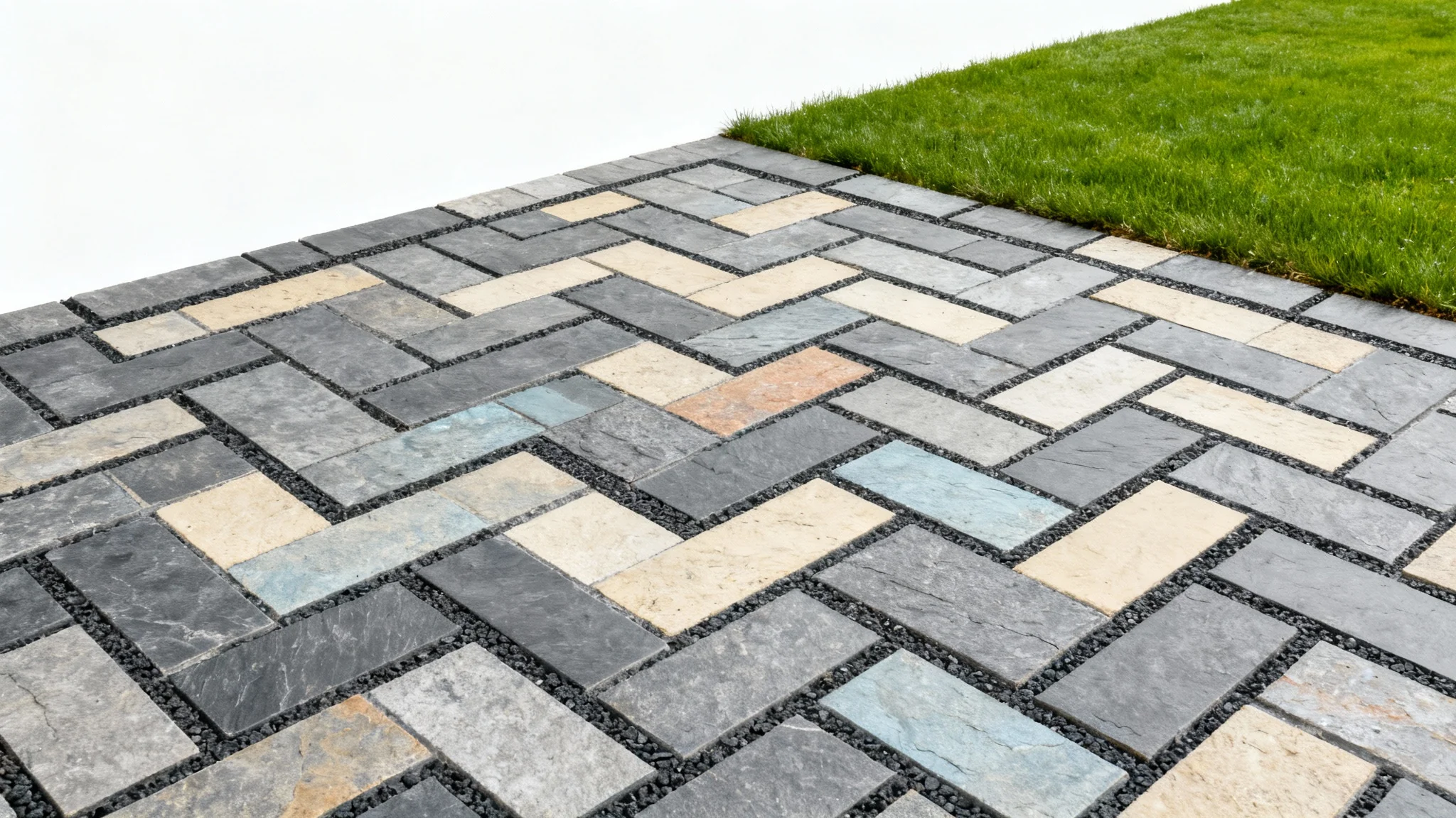 A high-angle photograph showcasing a perfectly installed herringbone paver pattern with natural slate stones in shades of gray and beige, set against a clean white background.