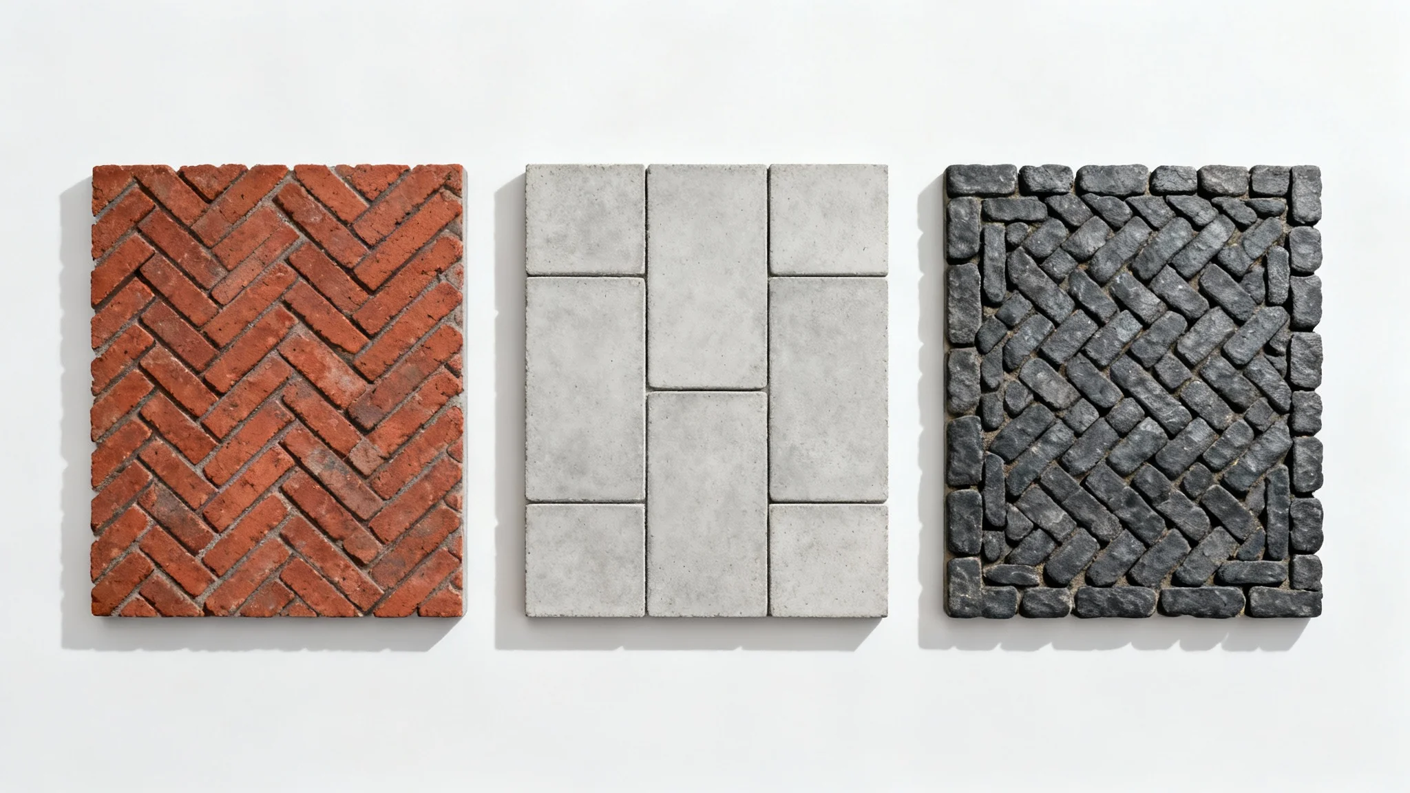A top-down view of three different paver patterns—red brick herringbone, grey concrete running bond, and charcoal cobblestone basketweave—arranged neatly on a white background.
