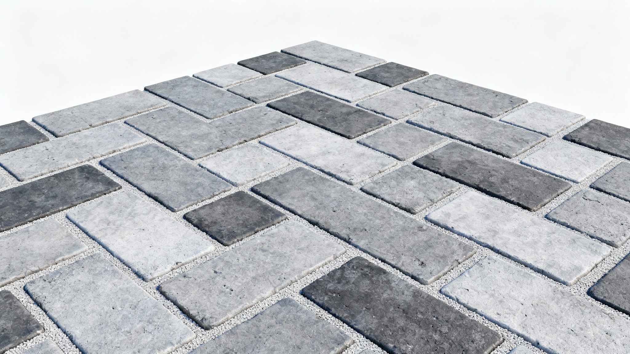 A top-down mockup of a herringbone paver pattern featuring cool grey and charcoal stones, shown against a clean white background.