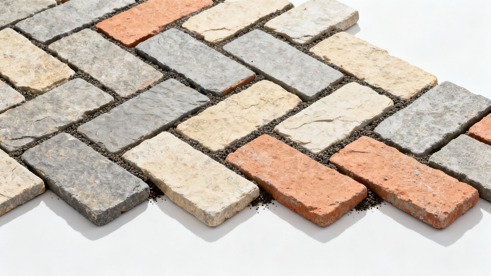 A photorealistic, top-down image of a section of patio with pavers arranged in a detailed herringbone pattern, set against a clean white background.