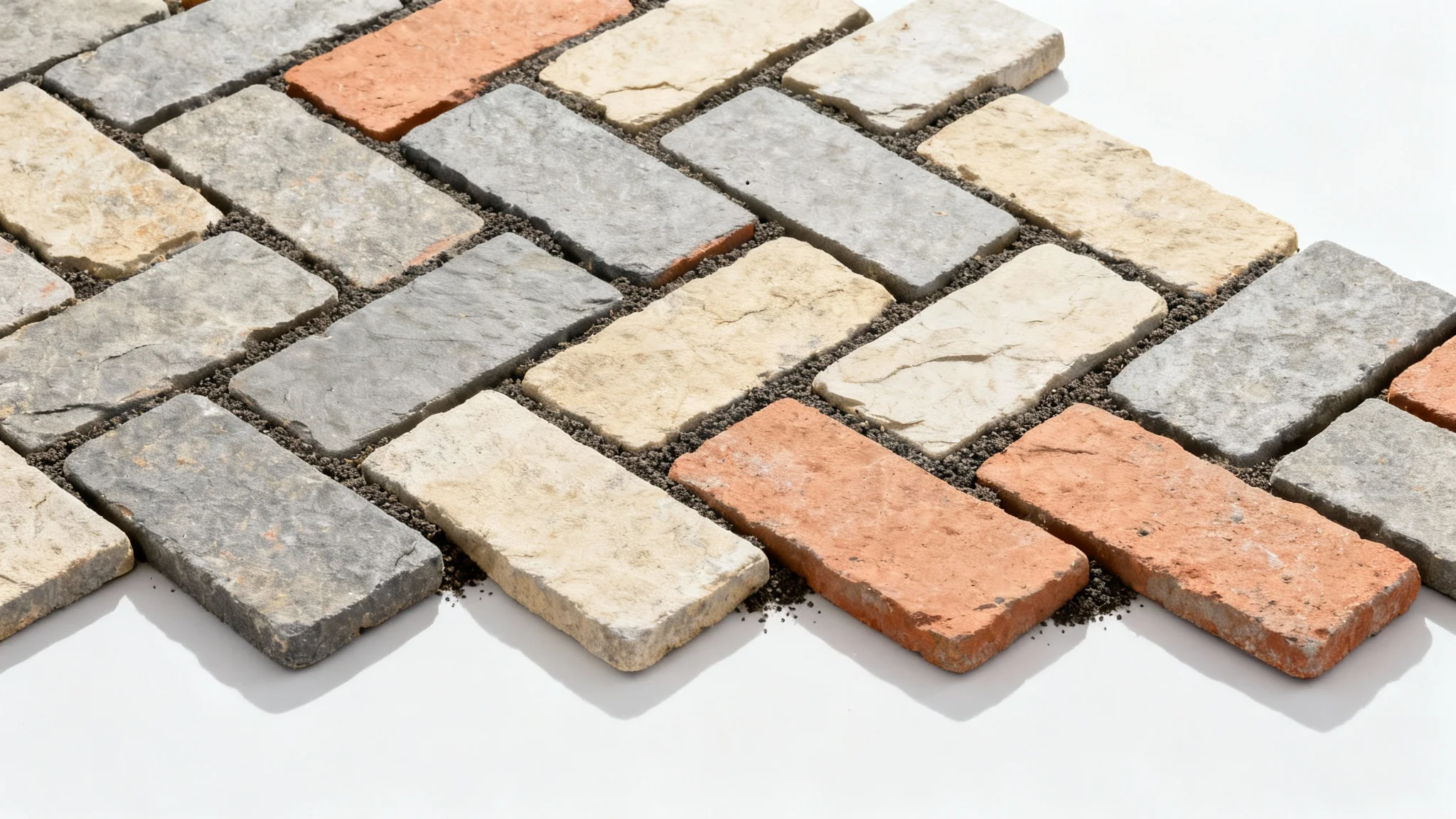 A photorealistic, top-down image of a section of patio with pavers arranged in a detailed herringbone pattern, set against a clean white background.