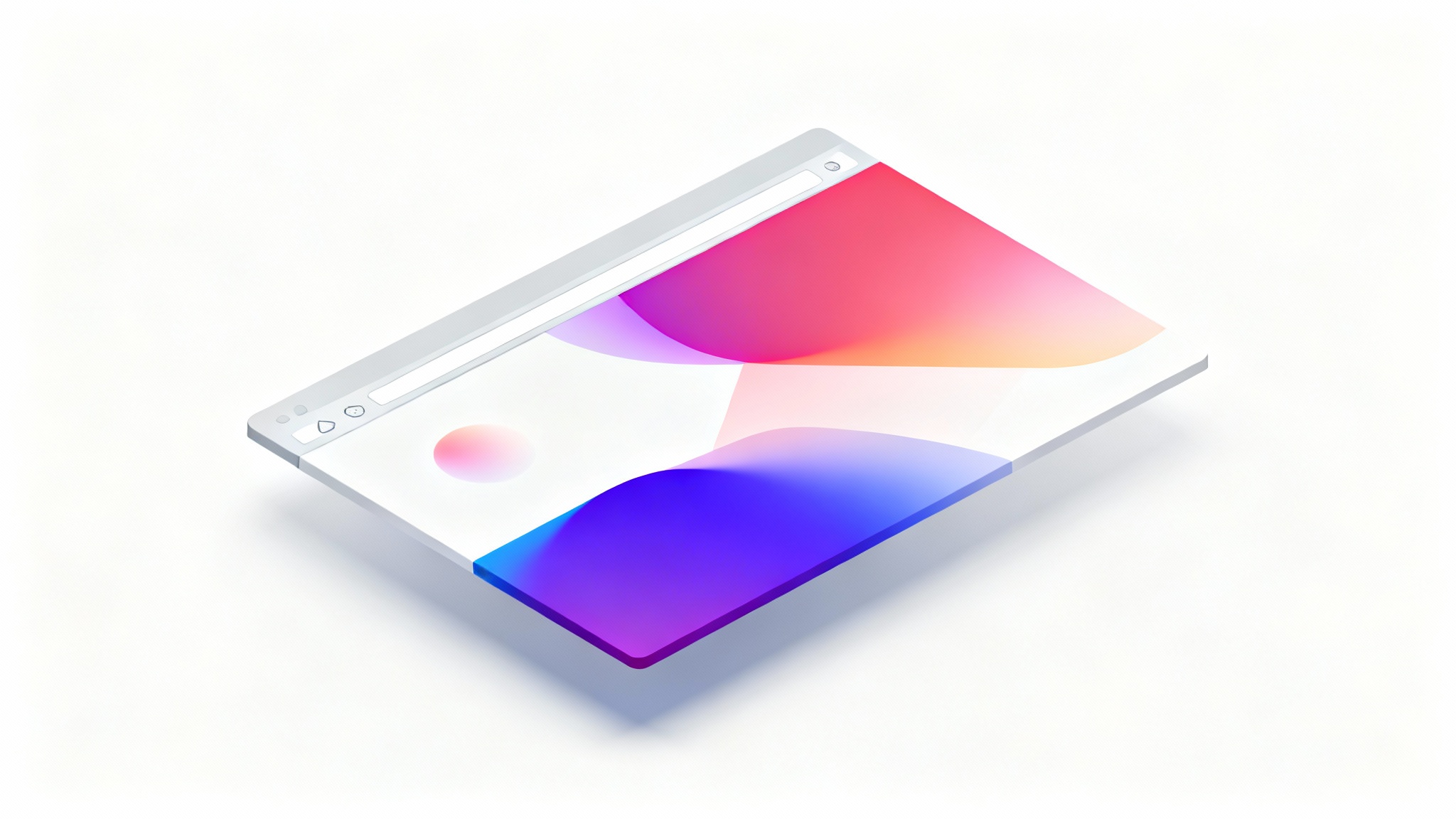 A minimalist 3D rendering of a modern browser window mockup, floating against a solid white background and displaying an abstract, colorful design.