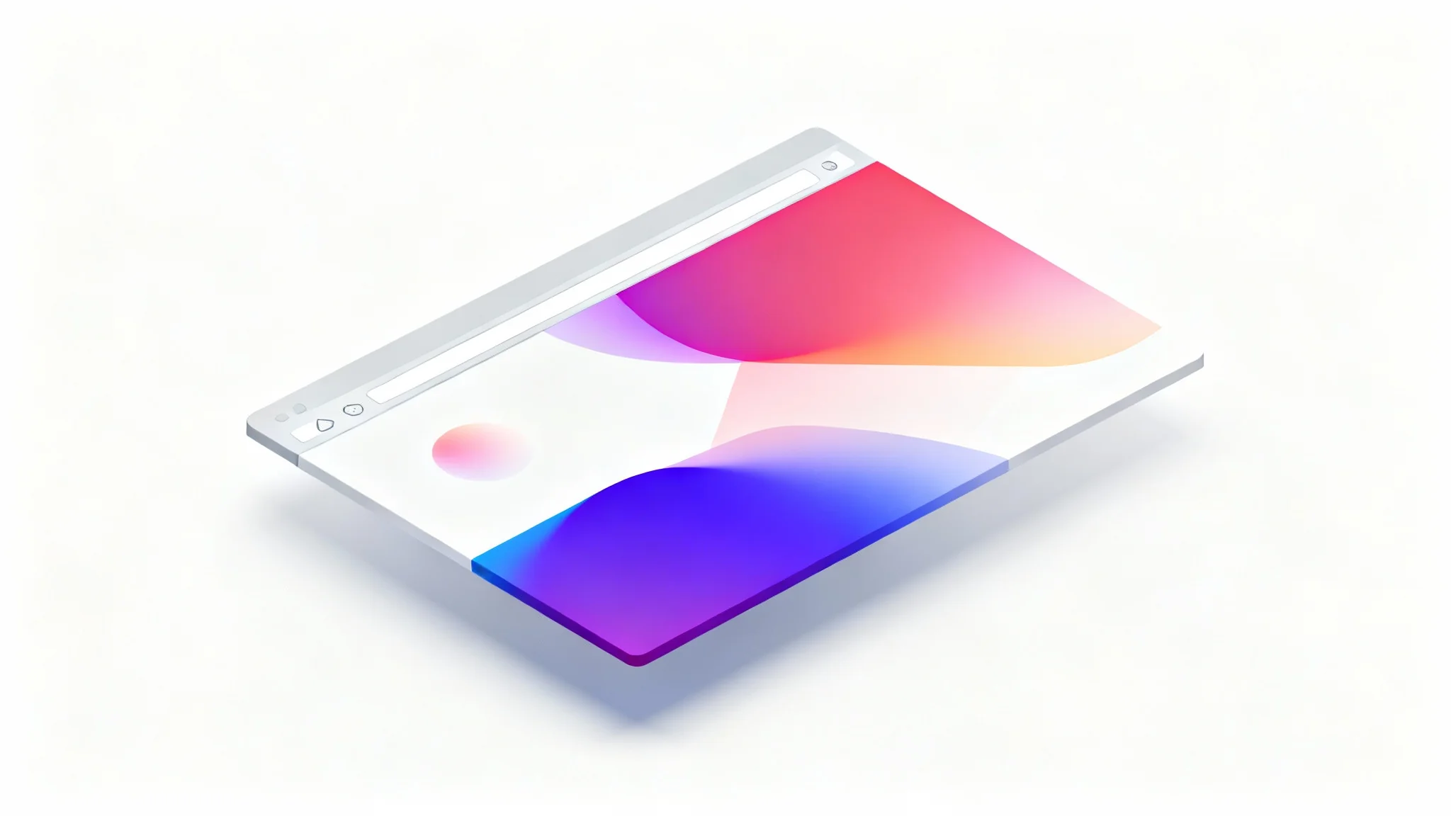 A minimalist 3D rendering of a modern browser window mockup, floating against a solid white background and displaying an abstract, colorful design.