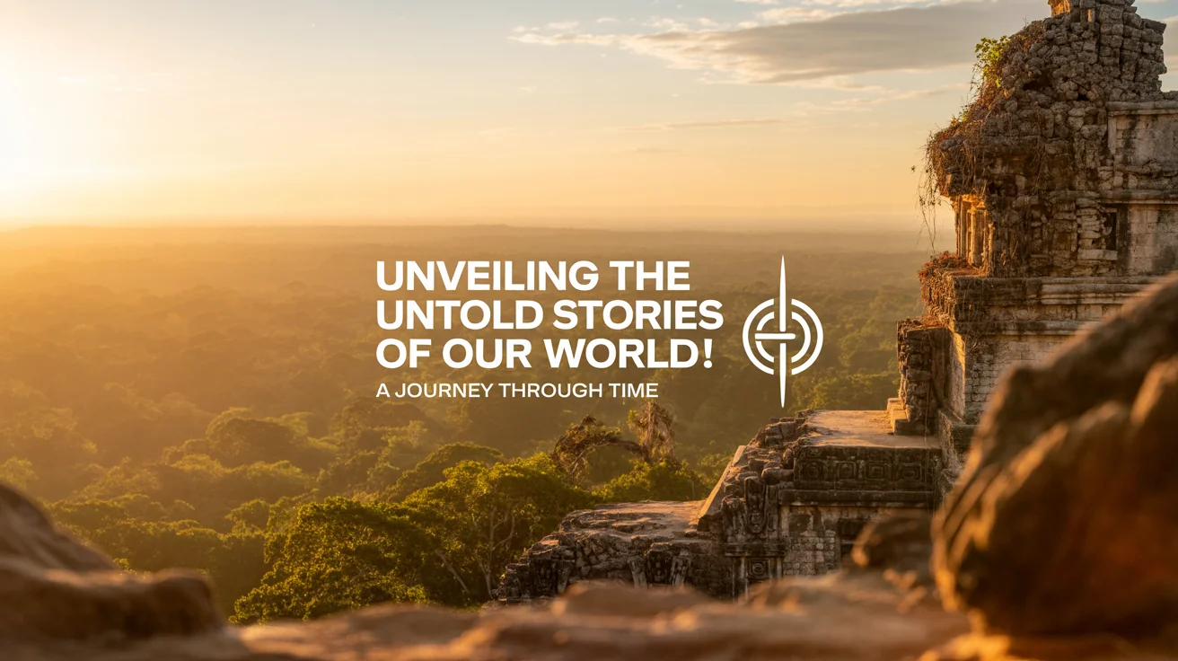 A professionally designed documentary thumbnail showing an ancient jungle temple at sunrise. Large white text overlays the image, reading 'UNVEILING THE UNTOLD STORIES OF OUR WORLD!' with a subtitle 'A JOURNEY THROUGH TIME'.