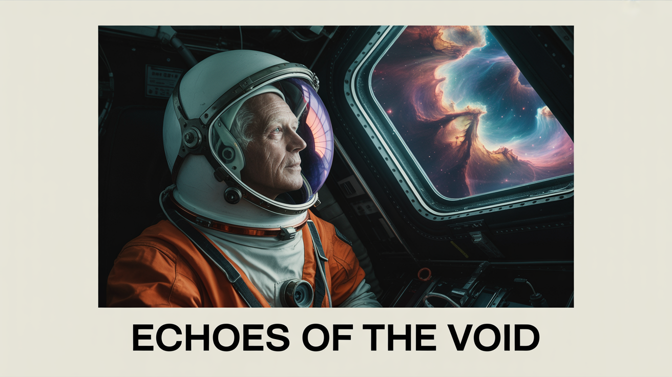 A mockup of a documentary thumbnail titled 'ECHOES OF THE VOID', featuring an elderly astronaut looking out a spaceship window at a colorful nebula.