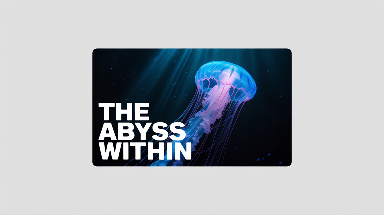 A mockup of a documentary thumbnail titled 'The Abyss Within', showing a glowing jellyfish against a dark background, all presented on a clean white surface.