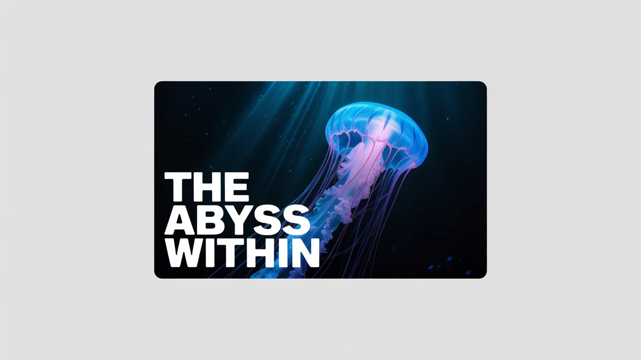 A mockup of a documentary thumbnail titled 'The Abyss Within', showing a glowing jellyfish against a dark background, all presented on a clean white surface.