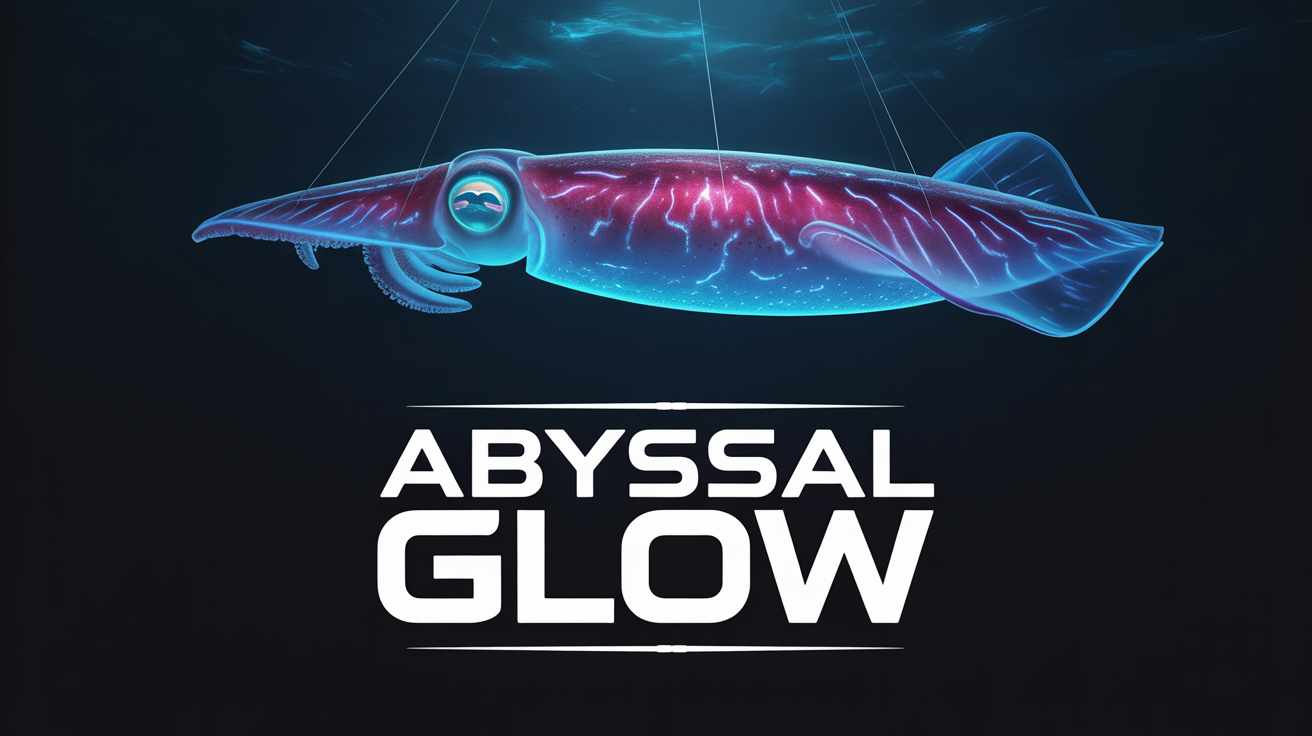 A mockup of a compelling documentary thumbnail titled 'Abyssal Glow', showing a giant, bioluminescent squid glowing with blue and magenta light in the dark depths of the ocean.