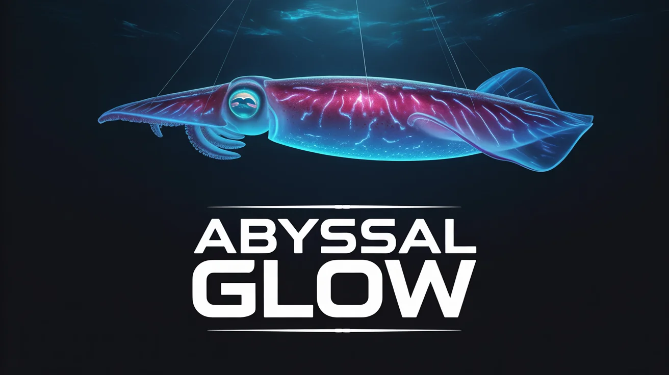 A mockup of a compelling documentary thumbnail titled 'Abyssal Glow', showing a giant, bioluminescent squid glowing with blue and magenta light in the dark depths of the ocean.