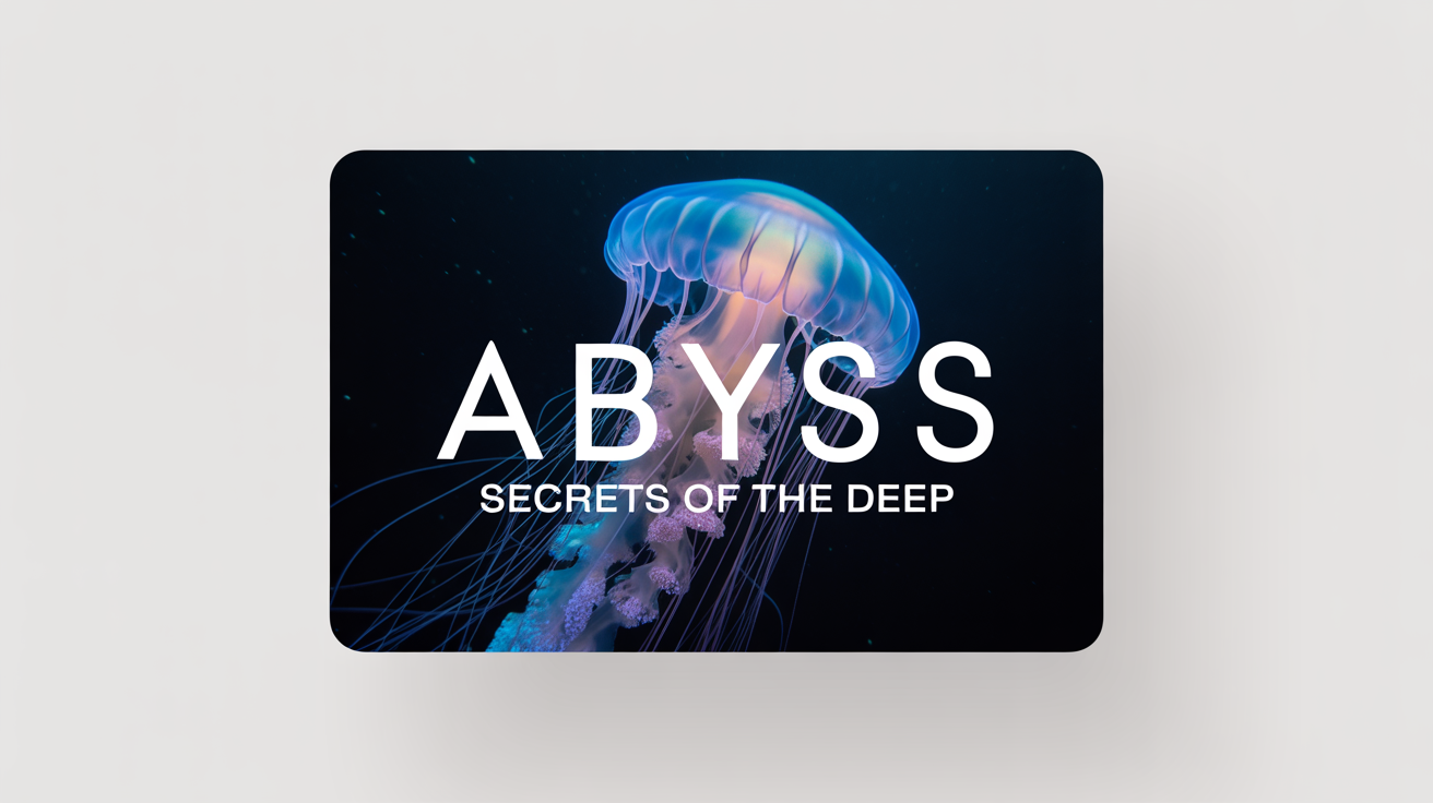 A mockup of a professional documentary thumbnail titled 'Abyss: Secrets of the Deep.' The image shows a giant, glowing blue and purple jellyfish floating in the dark ocean.