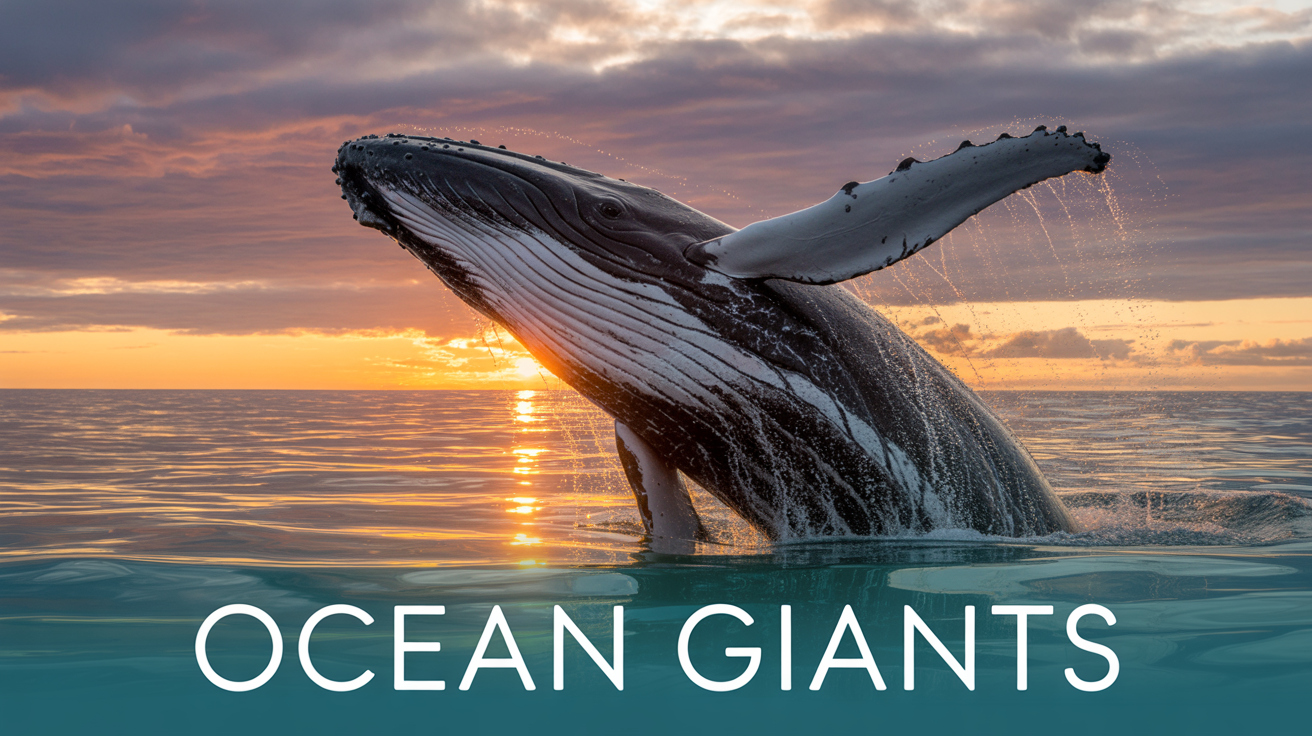 A mockup of a cinematic documentary thumbnail titled 'OCEAN GIANTS,' depicting a massive humpback whale breaching from the ocean at sunset, isolated on a white background.