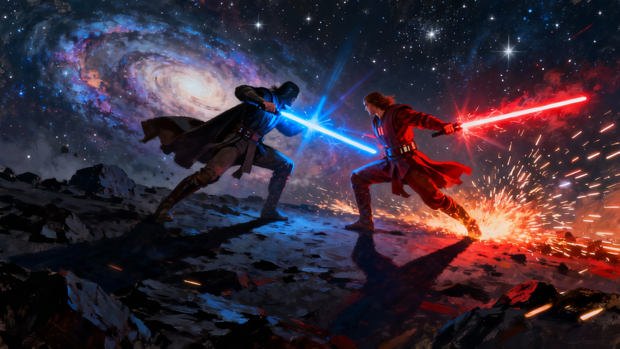 A dramatic digital painting of a lightsaber duel on a rocky planet, with a blue saber clashing against a red one under a starry, nebular sky.