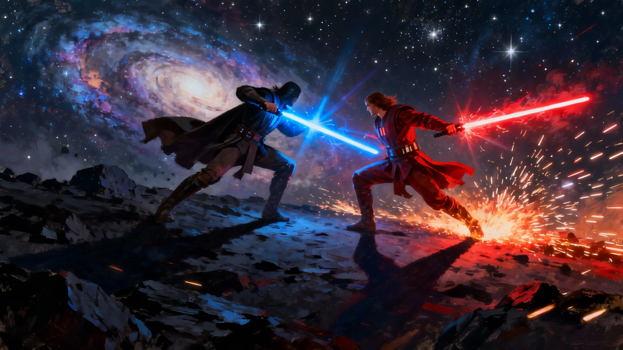 A dramatic digital painting of a lightsaber duel on a rocky planet, with a blue saber clashing against a red one under a starry, nebular sky.