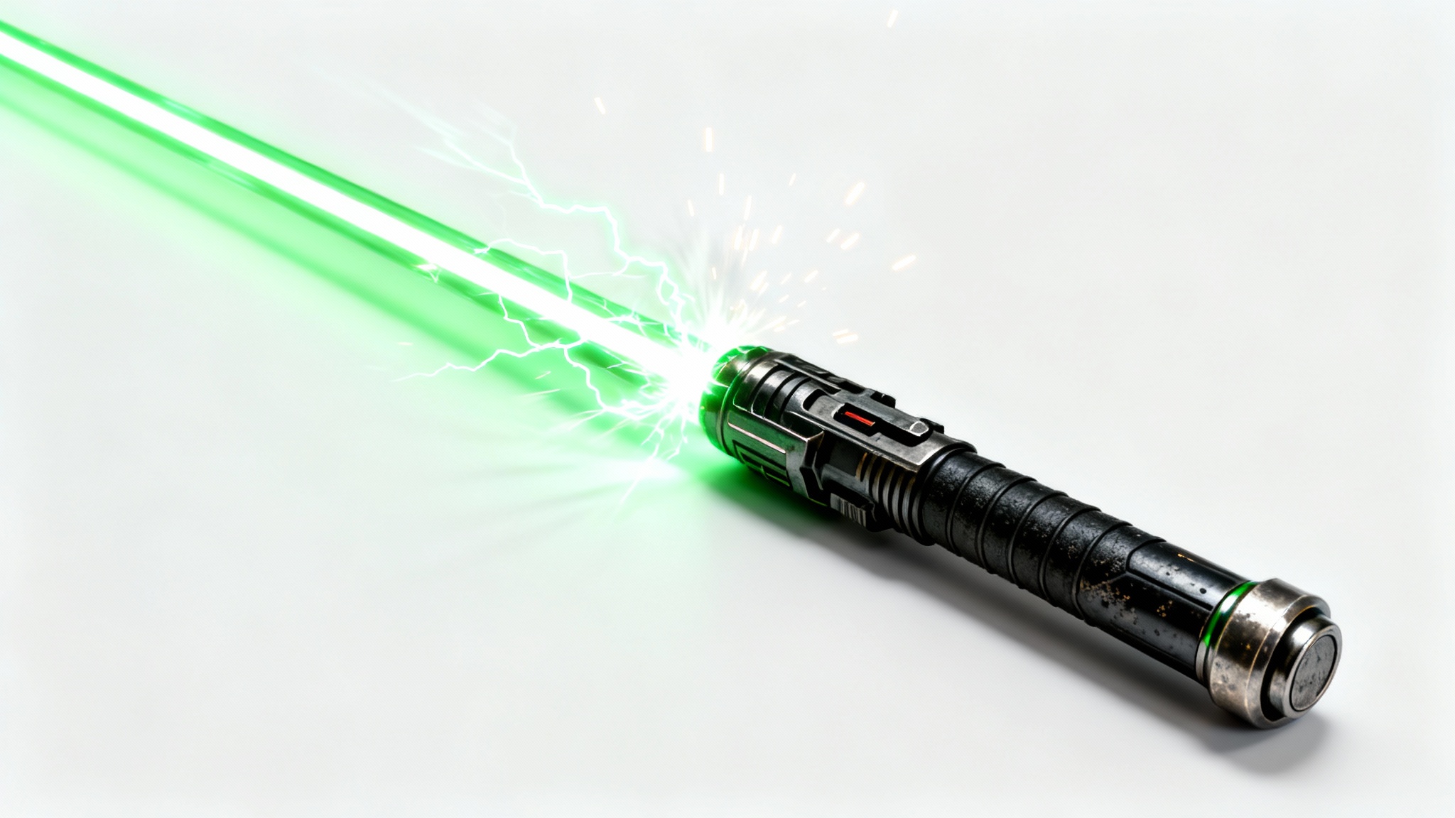 A hyperrealistic digital art piece of a custom lightsaber with a matte black and gunmetal hilt, igniting a vibrant, crackling emerald green blade against a clean white background.