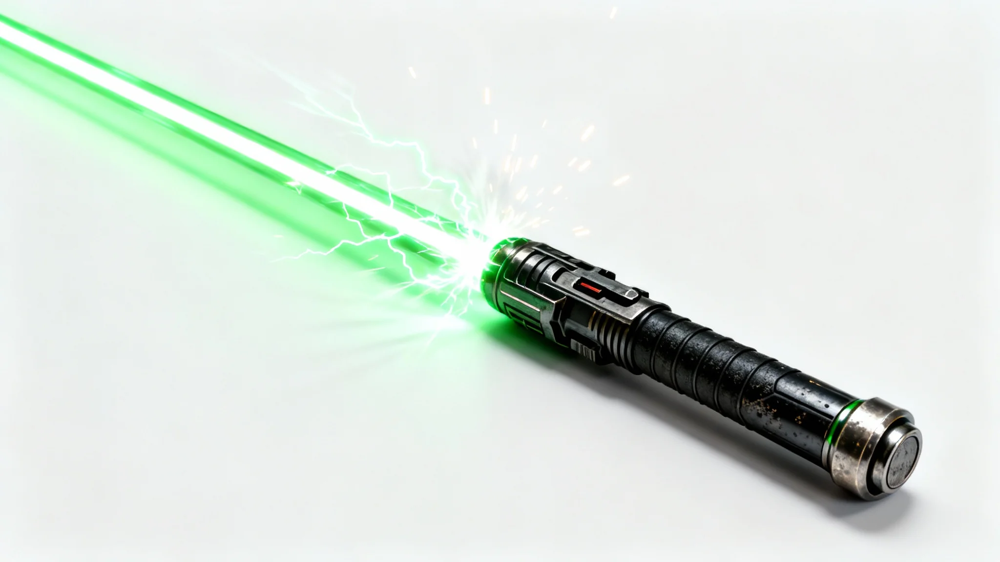 A hyperrealistic digital art piece of a custom lightsaber with a matte black and gunmetal hilt, igniting a vibrant, crackling emerald green blade against a clean white background.