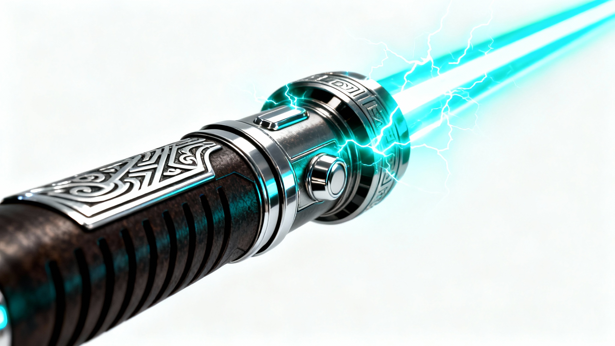 A detailed digital art piece of a custom lightsaber with a dark metallic hilt and a glowing cyan blade, presented against a clean white background.