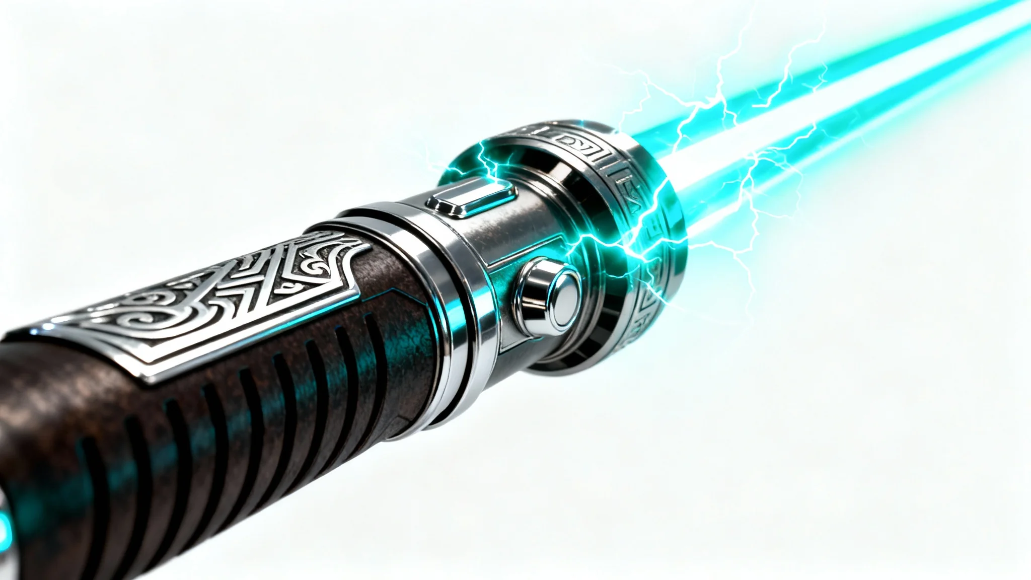 A detailed digital art piece of a custom lightsaber with a dark metallic hilt and a glowing cyan blade, presented against a clean white background.
