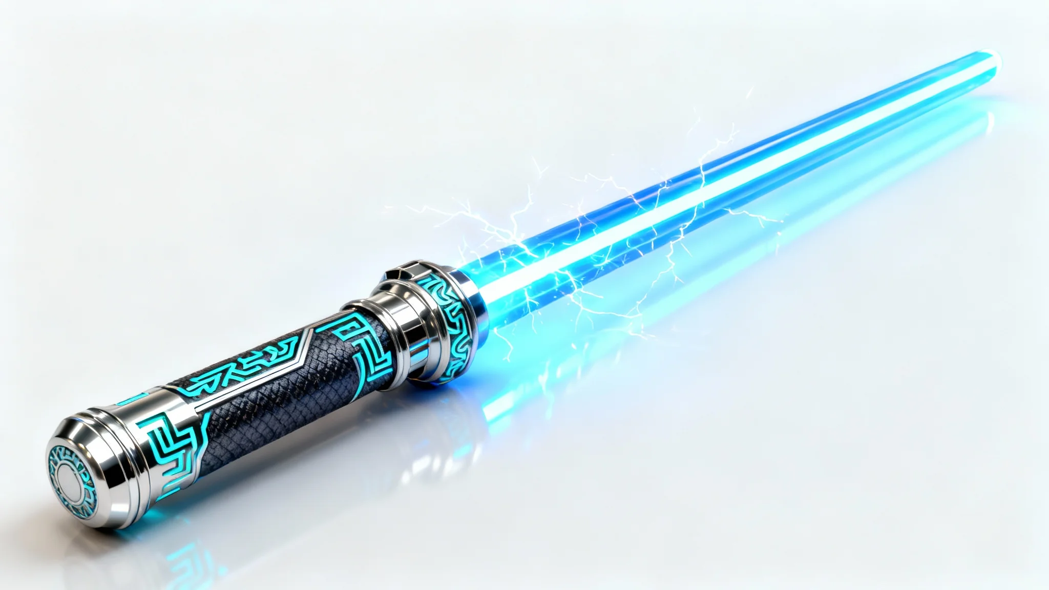 A beautifully crafted, custom lightsaber hilt made of dark metal and chrome, with an activated, glowing sapphire-blue blade, presented against a clean white background.