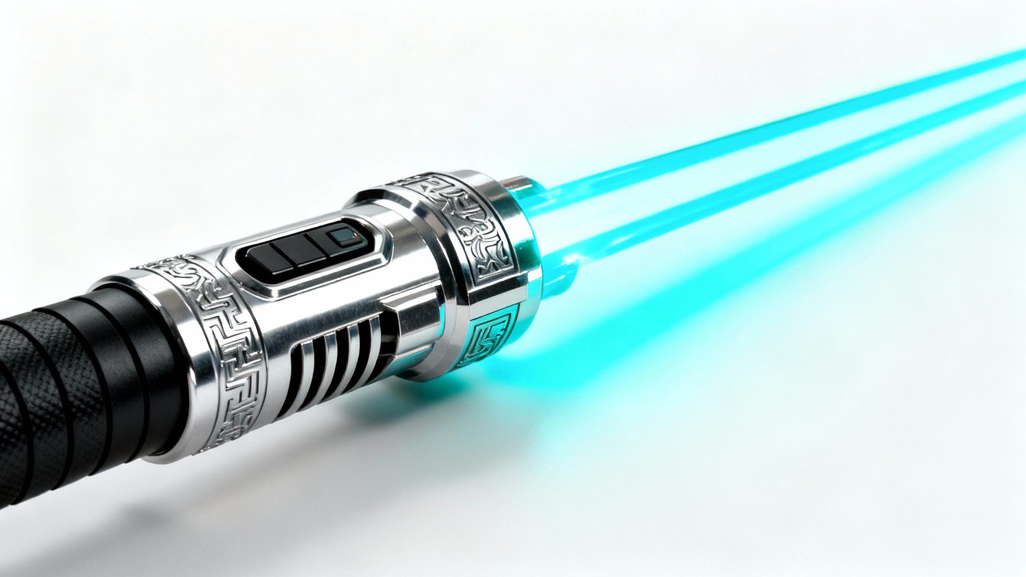 A hyper-realistic digital artwork of a custom lightsaber with a polished chrome hilt and a glowing cyan blade, presented against a plain white background.