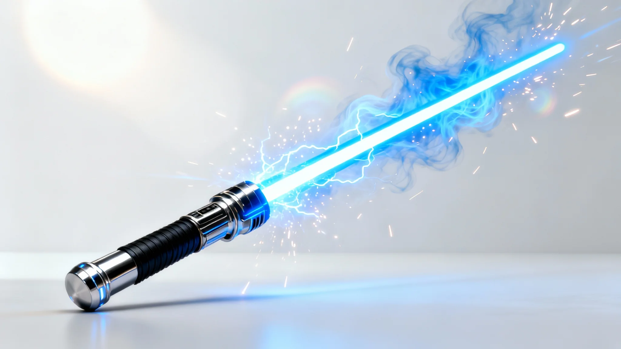A dynamic piece of digital art showing a blue lightsaber with a sleek metallic hilt, captured mid-slash against a clean white background, leaving a trail of light and sparks.