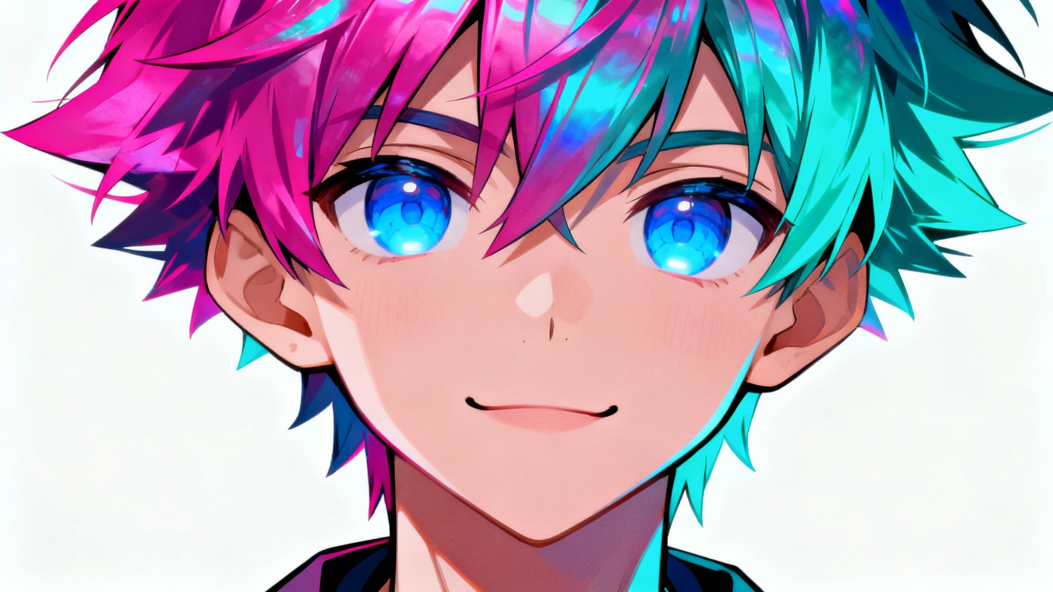 A vibrant digital art illustration of a cool anime character's headshot, intended as a Discord profile picture, featuring iridescent hair and glowing blue eyes against a white background.