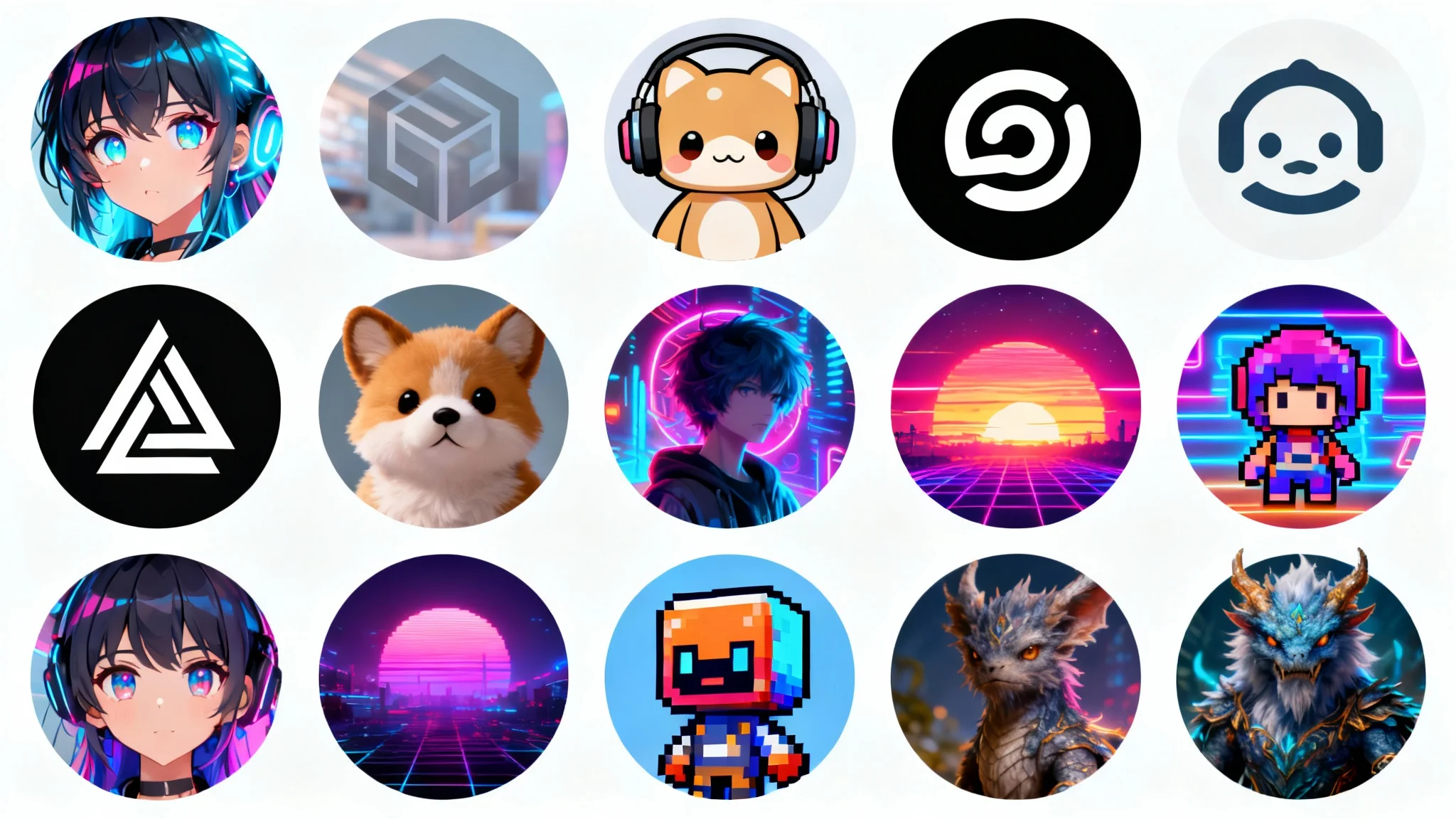 A collage of six different circular Discord profile pictures, demonstrating a variety of styles from anime to pixel art, all arranged on a clean white background.