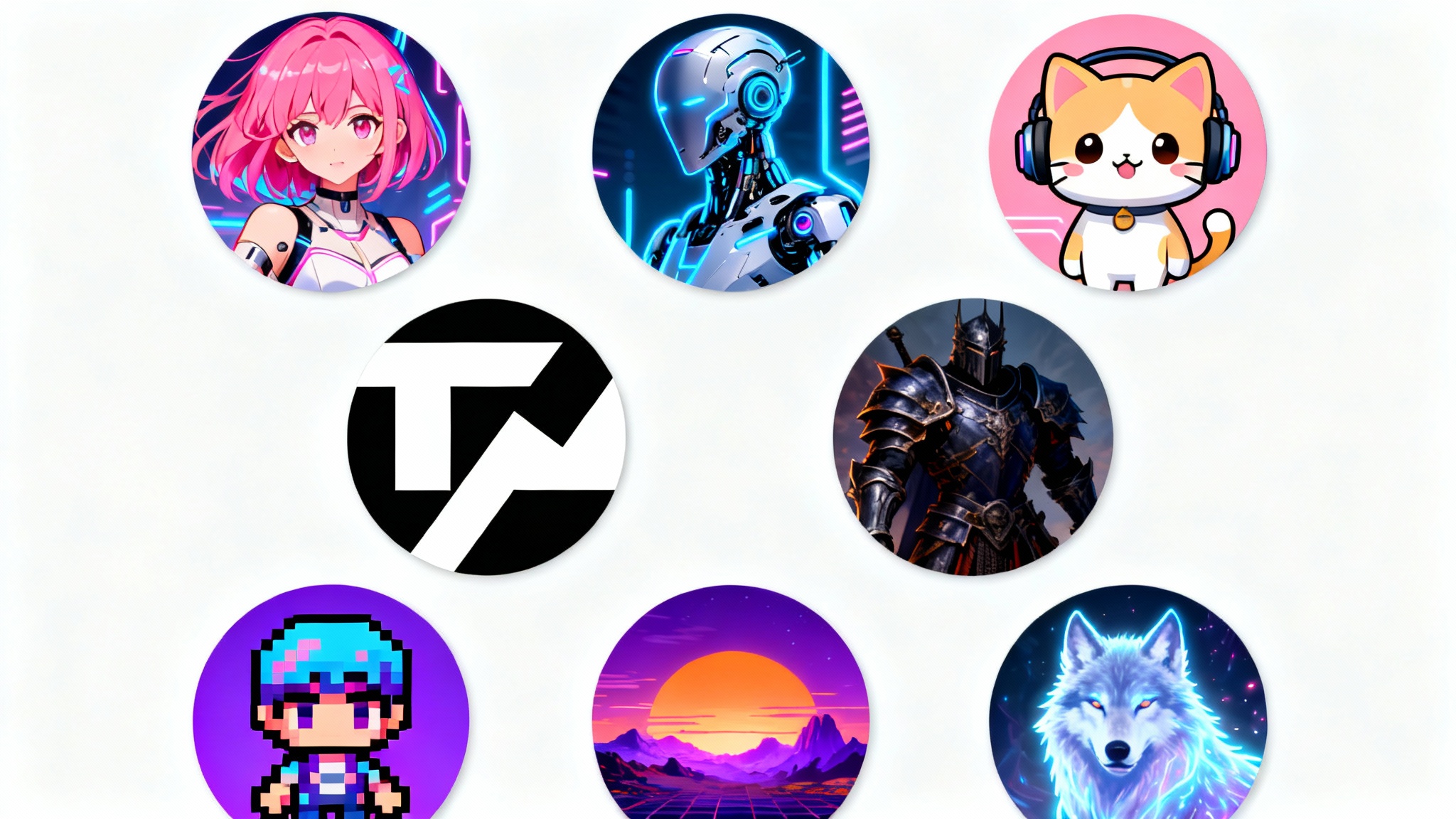 A grid of nine diverse, circular profile pictures for Discord, showcasing various styles like anime, cyberpunk, and fantasy, on a clean white background.