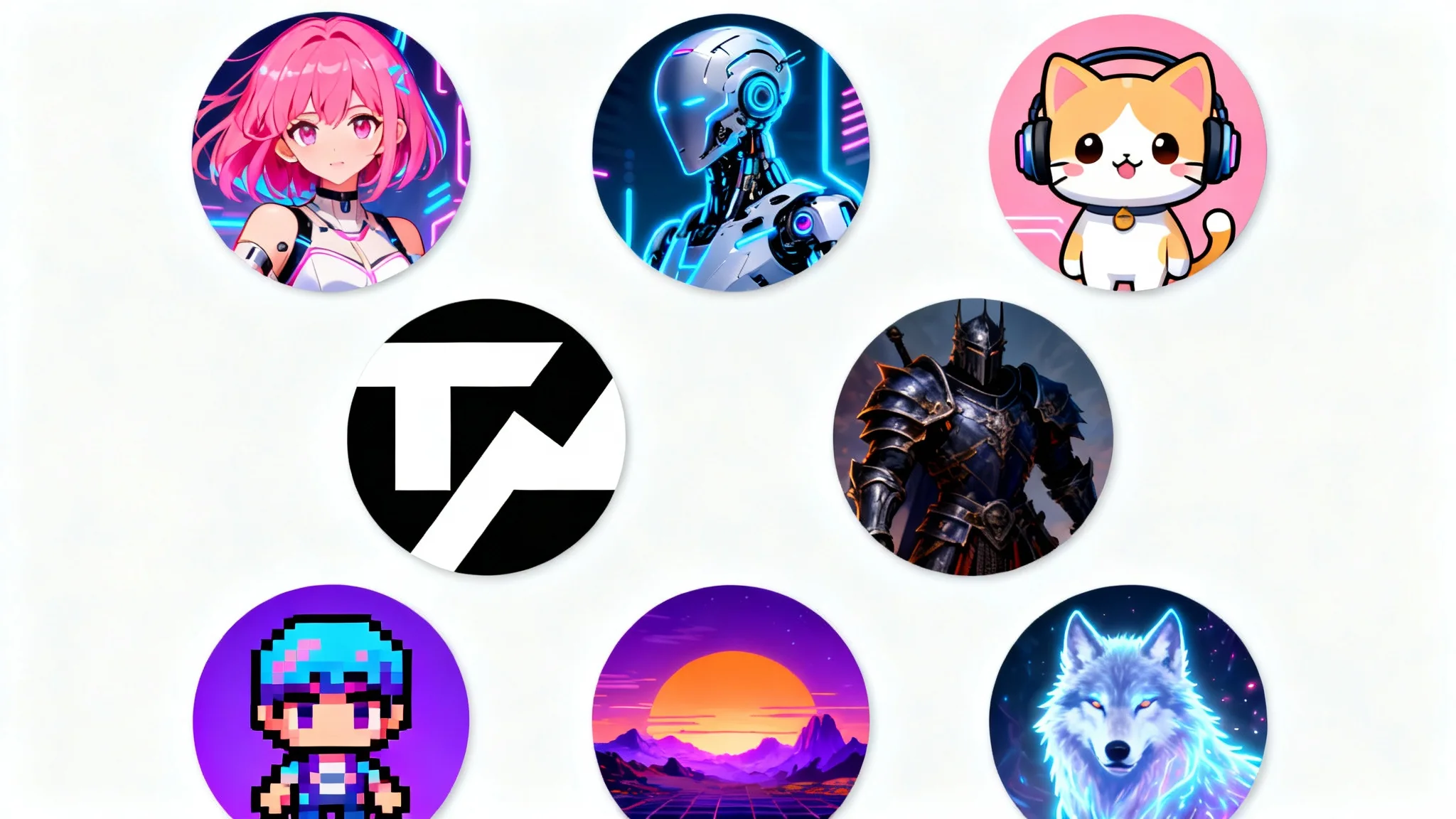 A grid of nine diverse, circular profile pictures for Discord, showcasing various styles like anime, cyberpunk, and fantasy, on a clean white background.