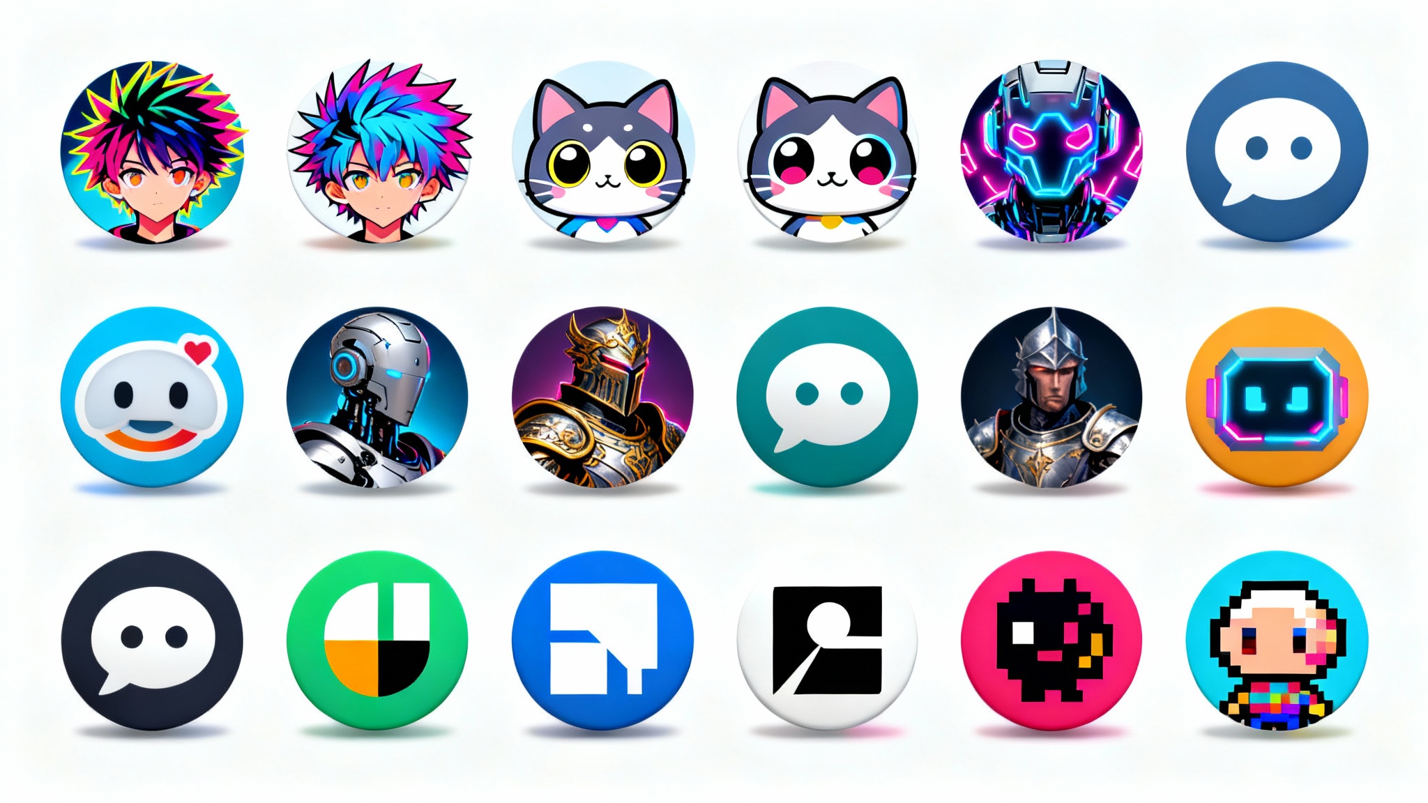 A collection of various circular Discord profile pictures displayed in a grid, showcasing different styles like anime, cyberpunk, and cute cartoons, all on a clean white background.