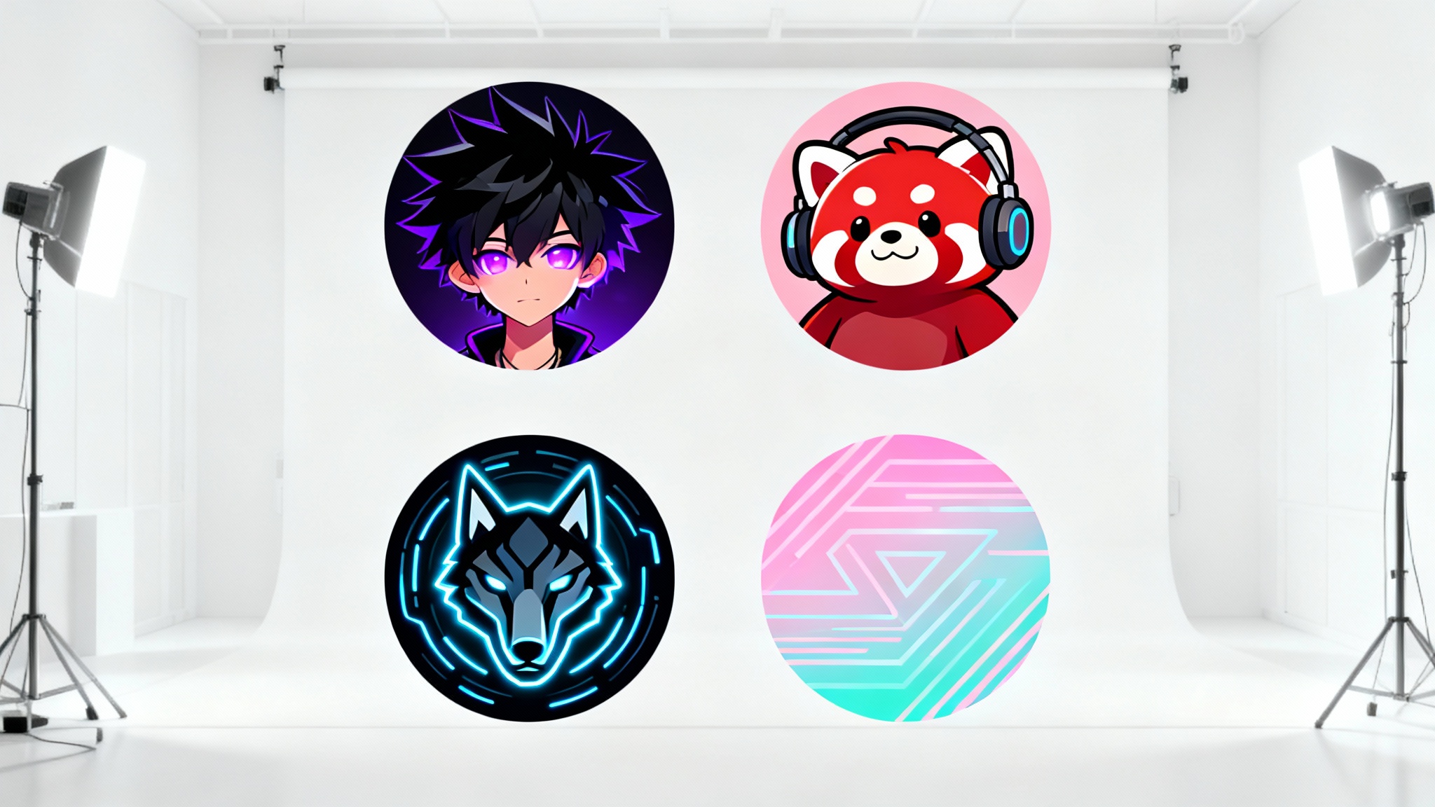 A grid of four sample Discord profile pictures on a white background, demonstrating various styles including an anime character, a cartoon red panda, a cyberpunk wolf, and an abstract design.