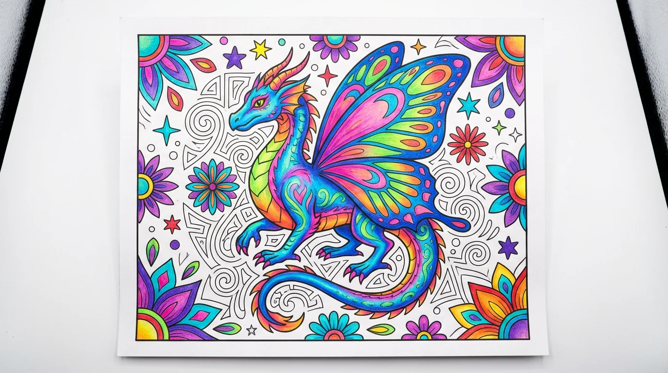 A completed alebrije coloring page, featuring a dragon-like creature with butterfly wings, colored in with vibrant shades of blue, pink, green, and orange. The final artwork is shown against a clean white background.