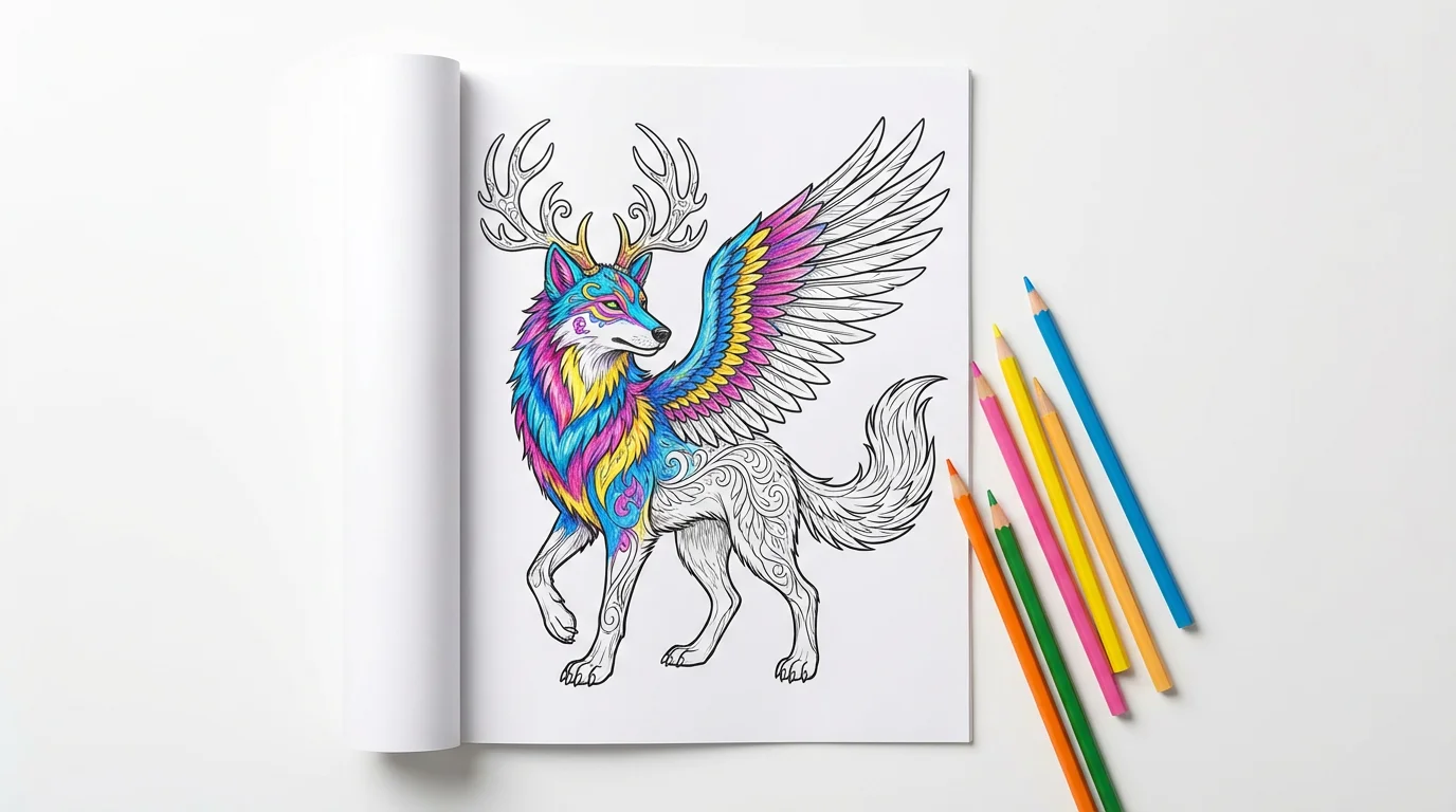 A flat-lay image of an intricate alebrije coloring page on a white background. The top half of the fantastical winged creature is colored in with vibrant blues and pinks, while the bottom half is a black-and-white outline.