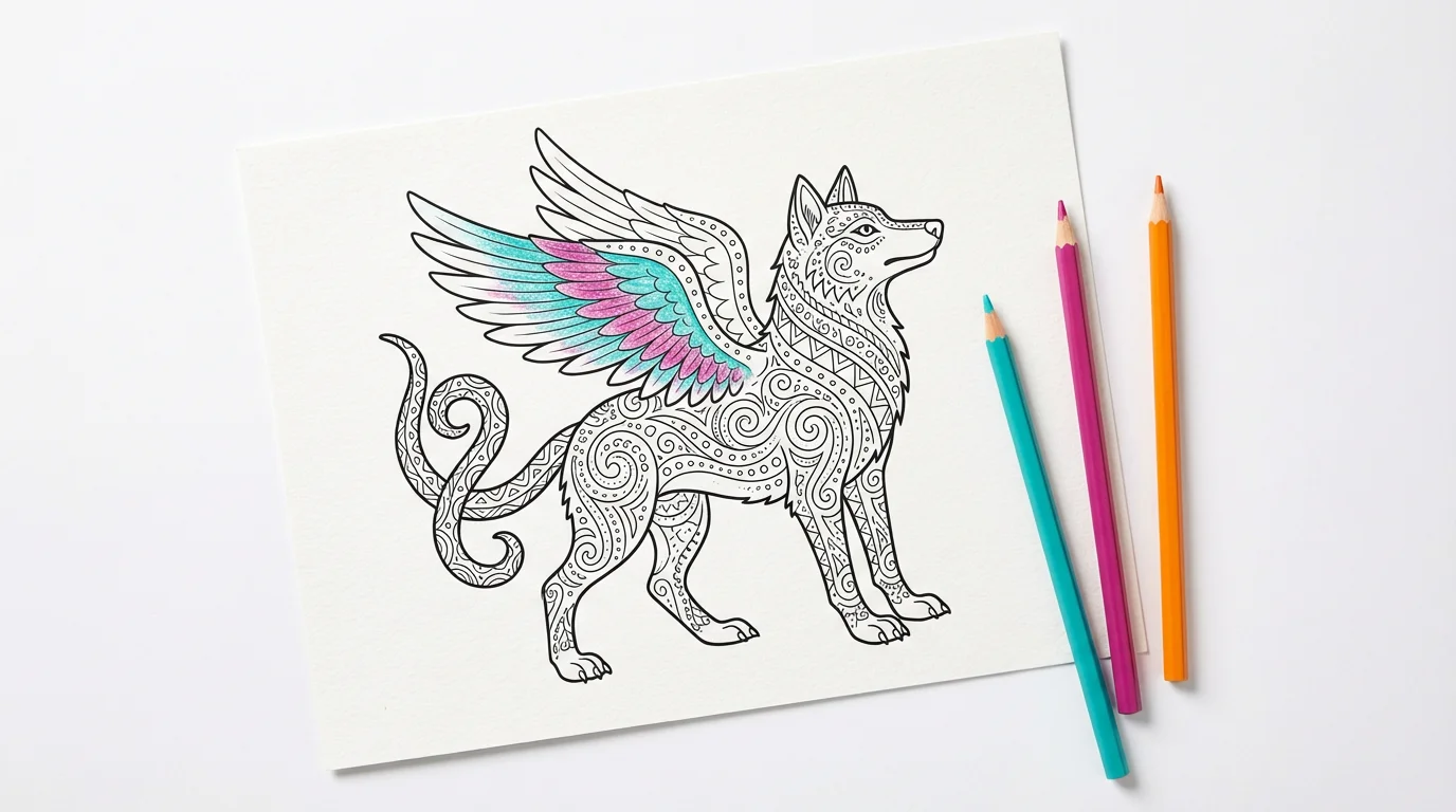 An alebrije coloring page of a winged wolf creature, partially colored in, shown from a top-down view with coloring pencils next to it on a white background.