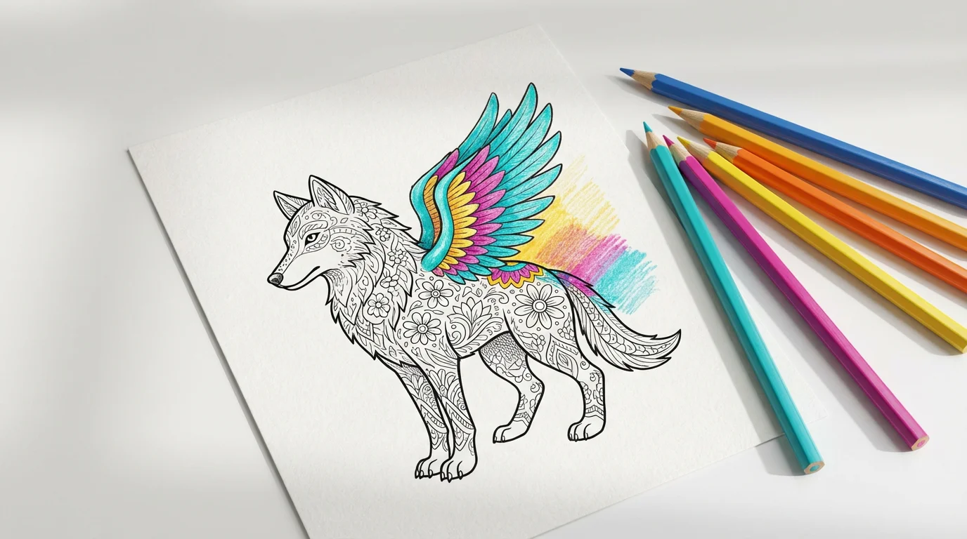 A close-up of a partially colored-in alebrije coloring page depicting a winged wolf with intricate patterns. A section is colored with vibrant turquoise, magenta, and yellow, with matching colored pencils resting beside the page on a white surface.