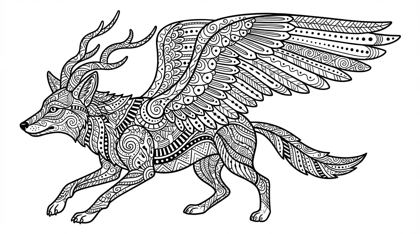 A black and white line art coloring page of an Alebrije creature, resembling a coyote with large wings and horns, filled with intricate patterns and isolated on a white background.