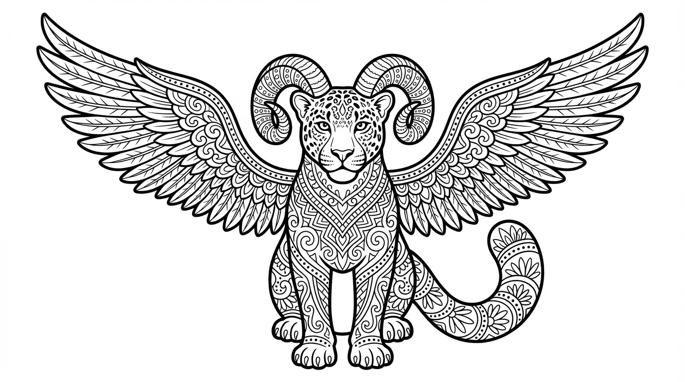 A black and white line art coloring page featuring a fantastical alebrije creature, a winged jaguar with horns, covered in intricate patterns on a clean white background.