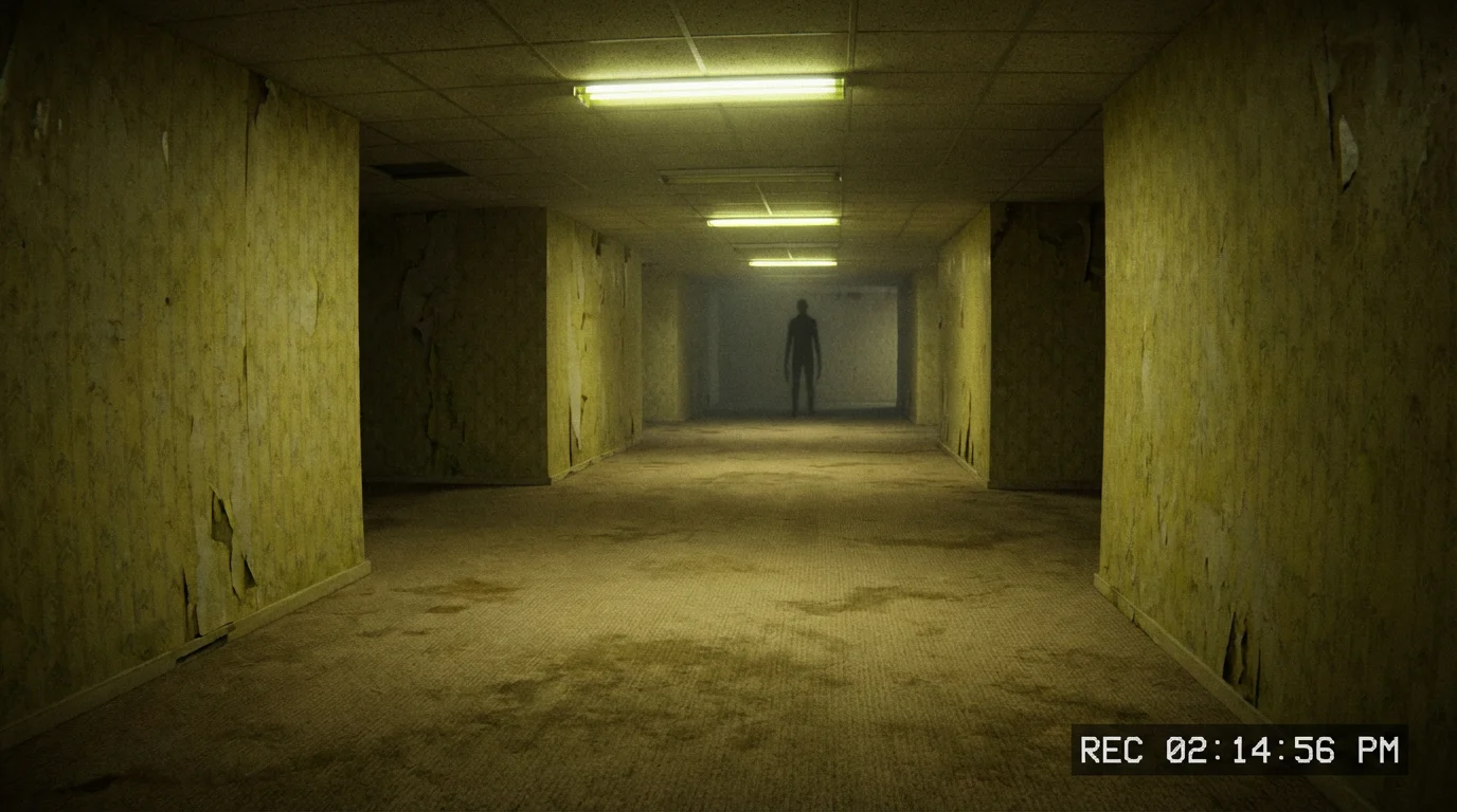 A wide-angle, hyperrealistic image depicting an endless, empty hallway in the Backrooms aesthetic. The scene is cast in an eerie yellow glow from flickering fluorescent lights, with peeling yellow wallpaper and stained carpets. A dark, shadowy figure is barely visible in the far distance.