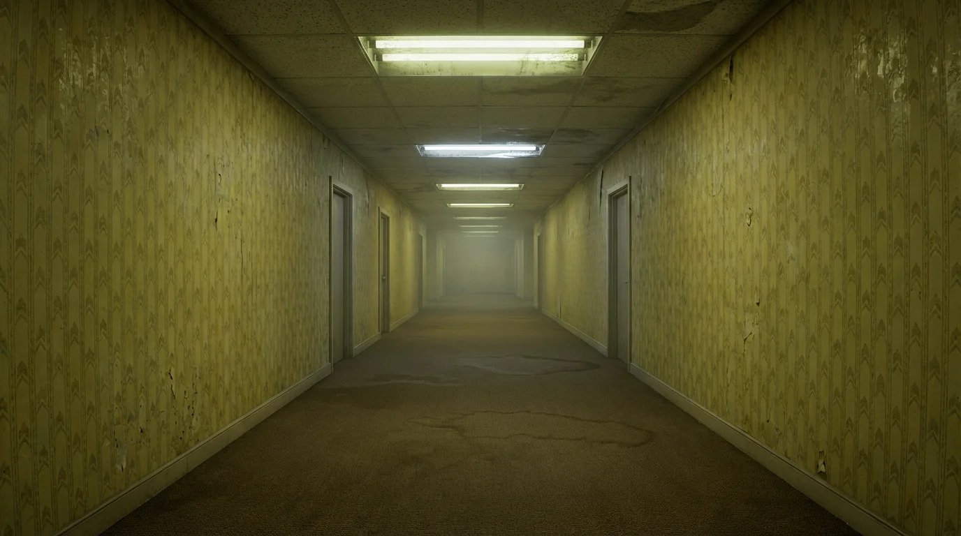 A photorealistic rendering of the Backrooms, featuring an endless, empty corridor with yellow wallpaper and damp carpet under the harsh, flickering glow of fluorescent lights, creating a sense of unease and isolation.