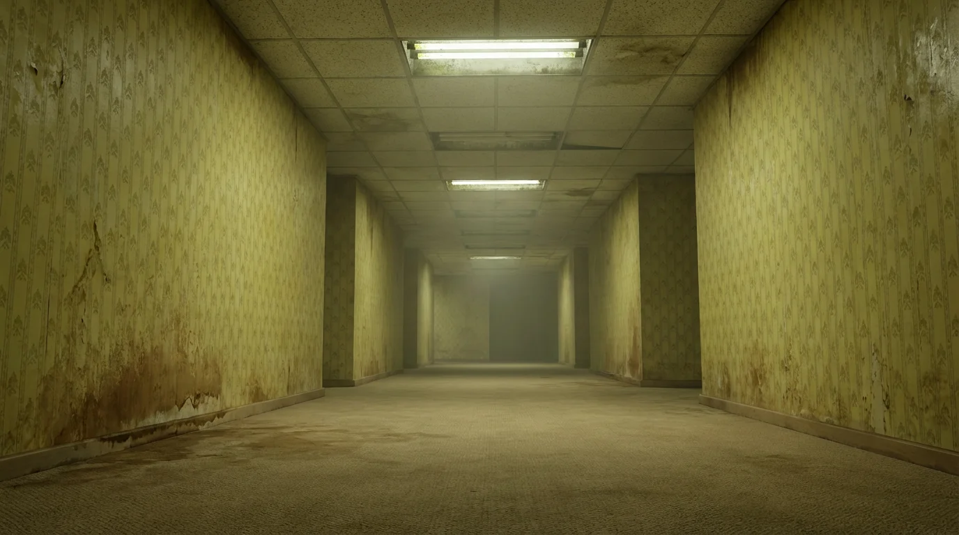 A photorealistic rendering of a classic Backrooms scene, featuring an empty, endless hallway with yellow wallpaper, fluorescent lights, and stained beige carpet, creating an eerie and unsettling atmosphere.