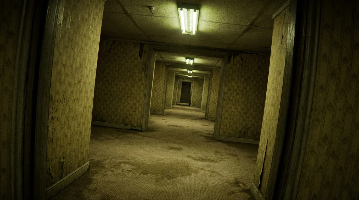 An eerie, first-person view of an endless hallway characteristic of the backrooms, with yellow wallpaper, damp carpet, and harsh fluorescent lighting, creating a sense of unease and infinity.
