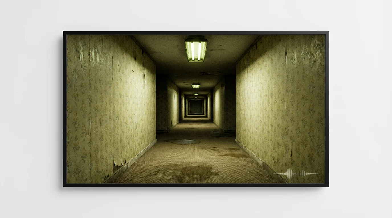 A digital artwork depicting the 'backrooms': an endless, empty hallway with yellow wallpaper, damp carpet, and harsh fluorescent lighting, creating a creepy and unsettling atmosphere.