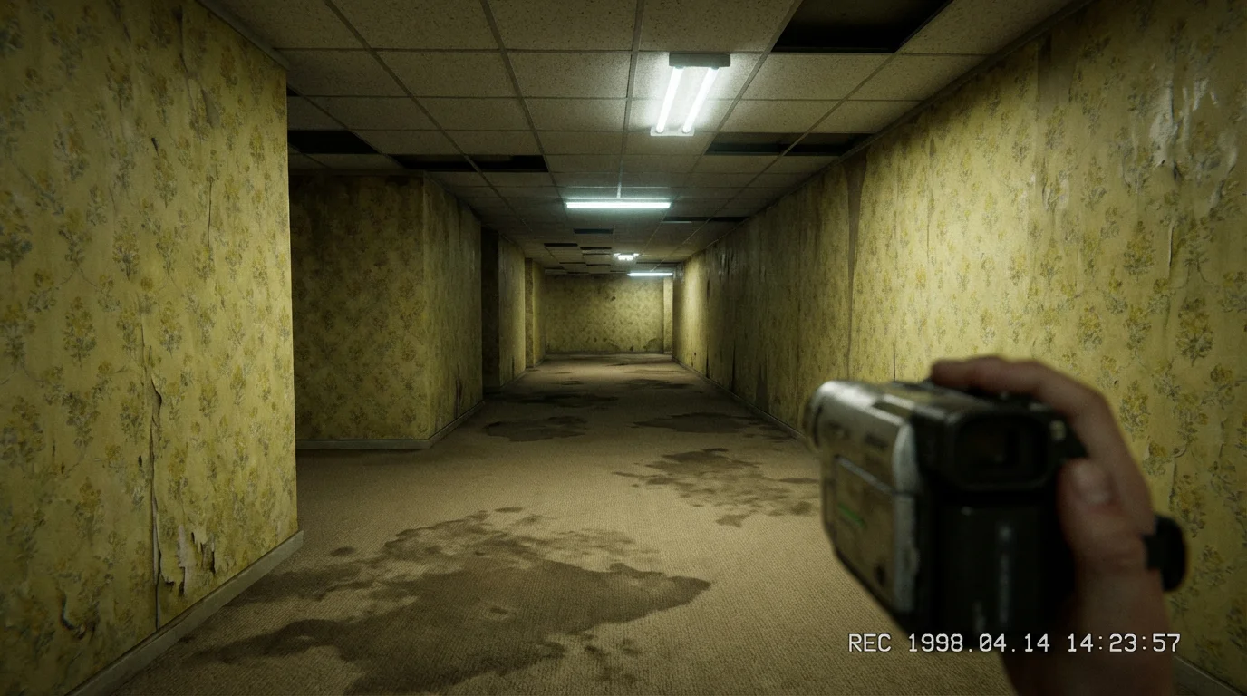 An eerie, photorealistic depiction of the backrooms, showing an empty, endless corridor with yellowing wallpaper, a stained beige carpet, and harsh fluorescent lighting, creating a sense of unease and isolation.