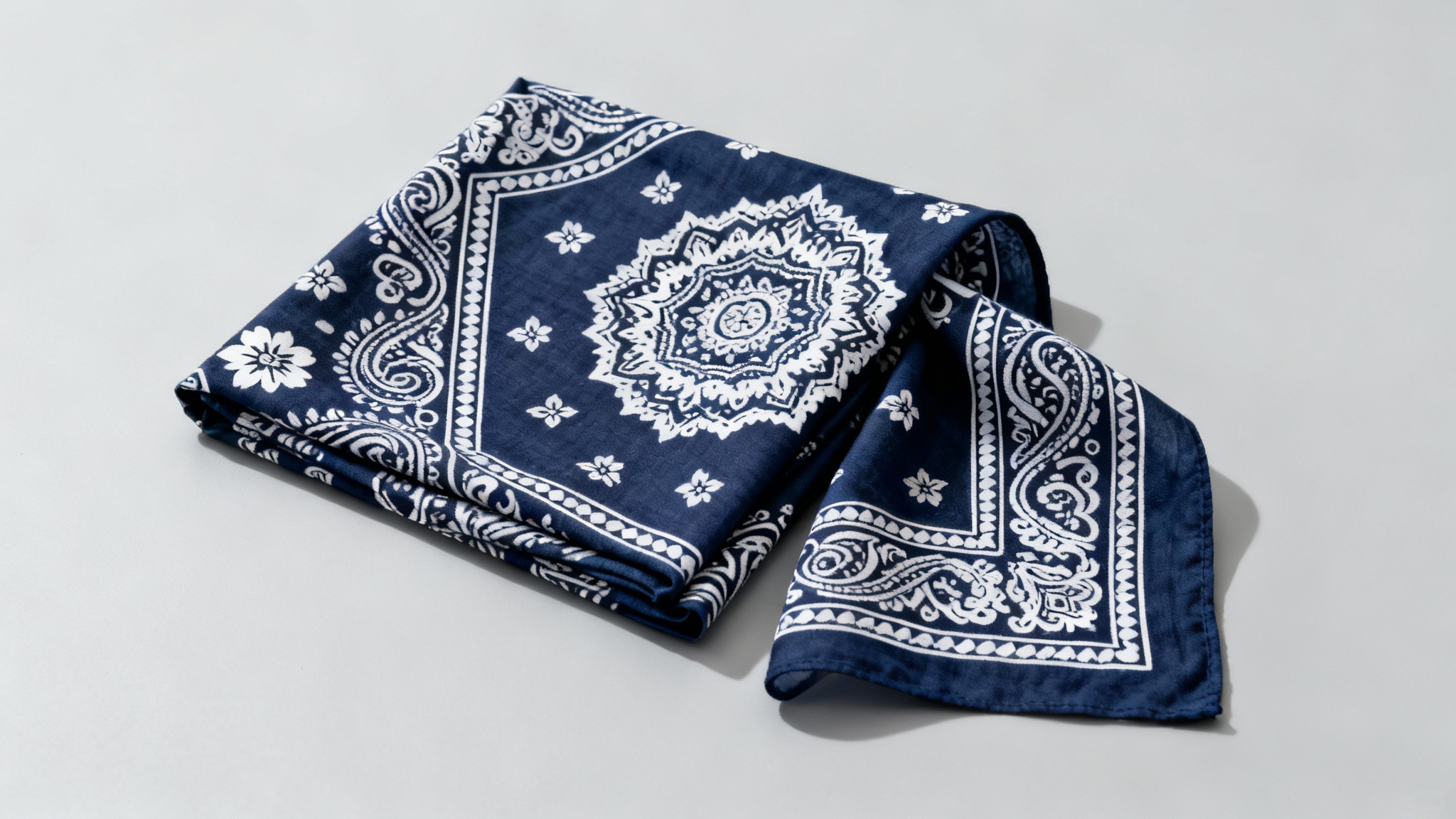 A photorealistic image of a folded bandana with an intricate navy blue and white paisley pattern, displayed flat on a light gray background in a hero shot.