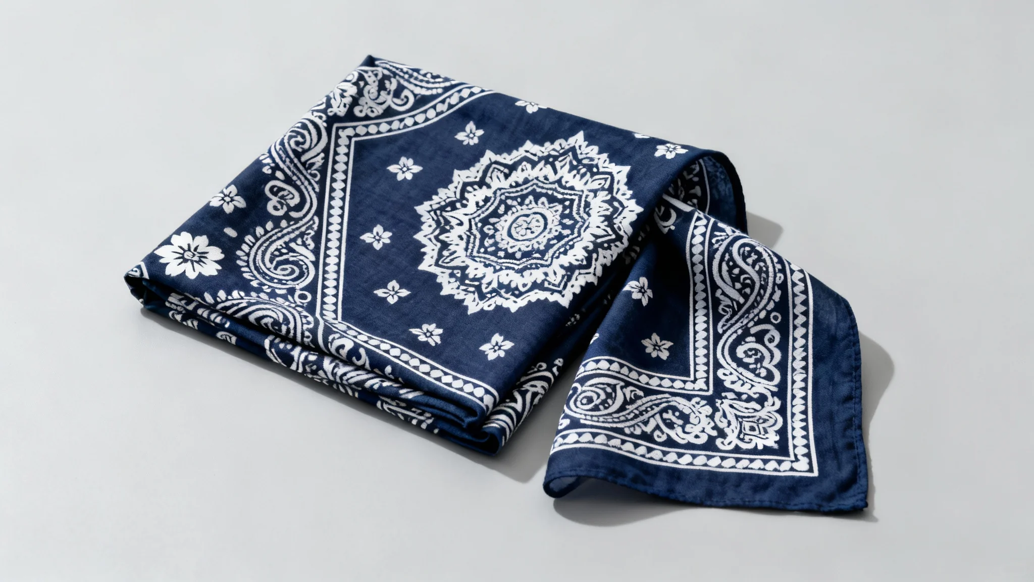 A photorealistic image of a folded bandana with an intricate navy blue and white paisley pattern, displayed flat on a light gray background in a hero shot.