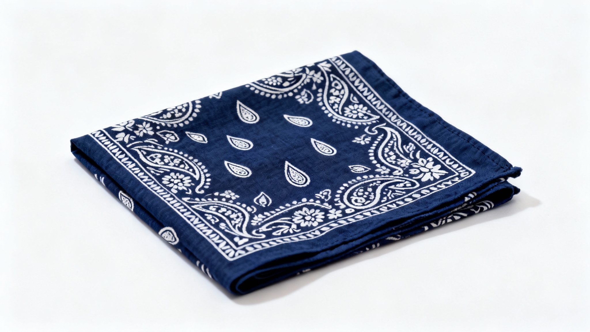 A navy blue bandana with a classic white paisley pattern, neatly folded and displayed on a clean white background.