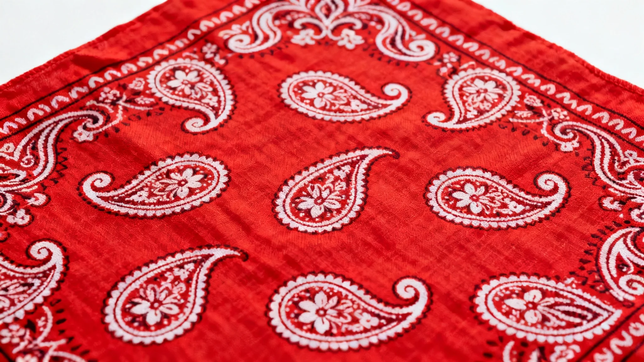 A detailed close-up of a vibrant red bandana pattern featuring classic white paisley and floral designs, displayed flat against a white background.