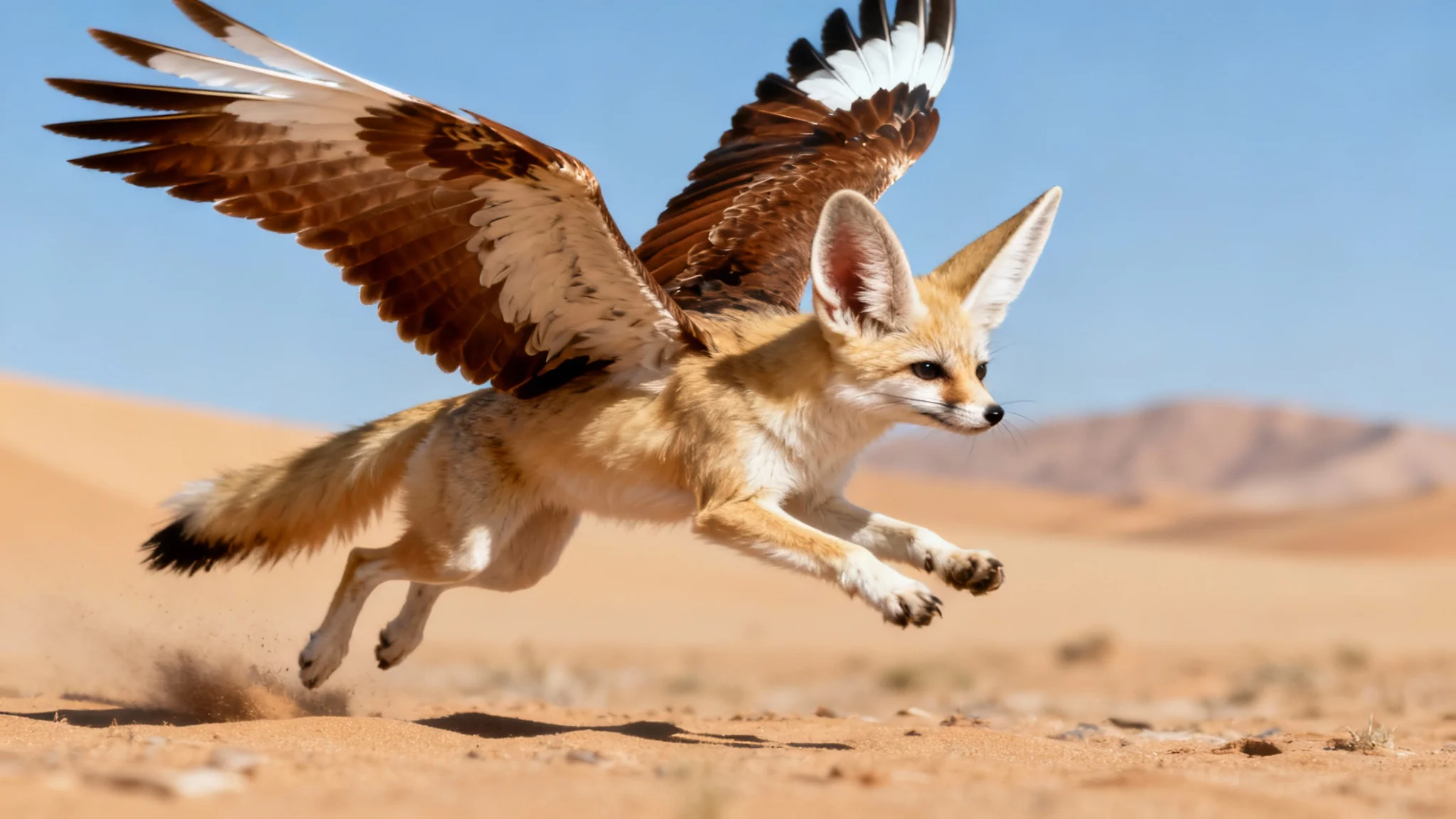 A stunning, photorealistic image of a fantasy hybrid animal, a fennec fox with large brown eagle wings, leaping through a desert landscape.