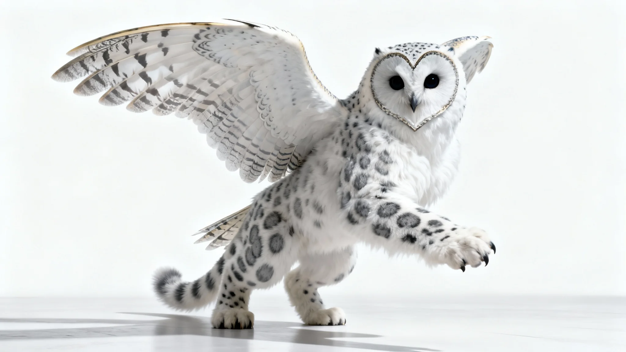 A photorealistic depiction of a mythical hybrid creature, combining the body of a snow leopard with the wings and face of a barn owl, set against a plain white background.