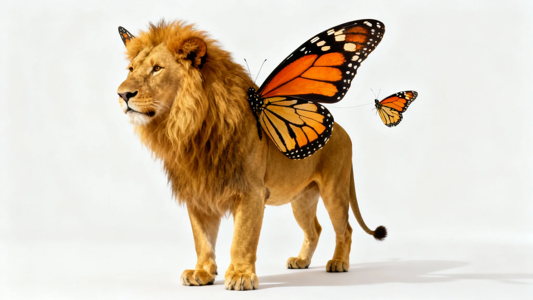 A photorealistic mockup image of an animal hybrid: a majestic lion with large, vibrant orange and black butterfly wings, standing on a clean white background.